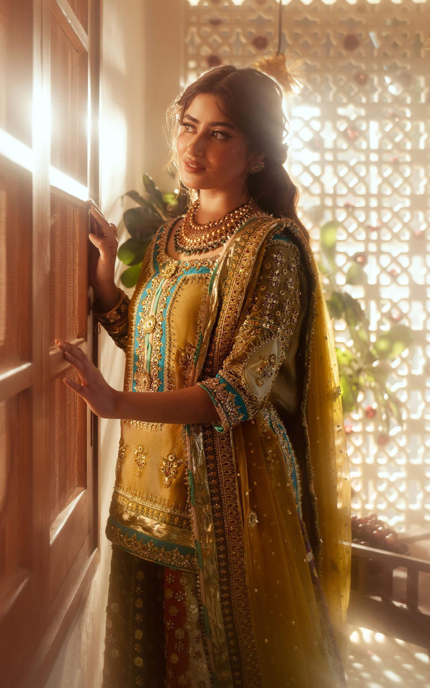 Pakistani Mustard Gold Embroidered Silk Kurti & Farshi Gharara (3-Piece) - Image 6