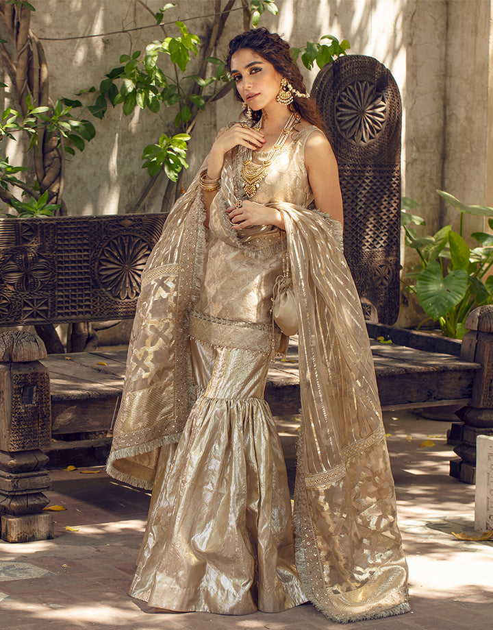 Pakistani Gold Embroidered Zari Organza Gharara Set (3-Piece) - Image 1