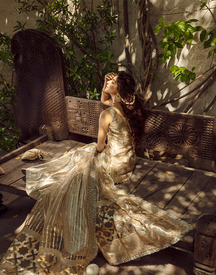 Pakistani Gold Embroidered Zari Organza Gharara Set (3-Piece) - Image 2