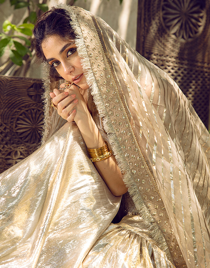 Pakistani Gold Embroidered Zari Organza Gharara Set (3-Piece) - Image 4