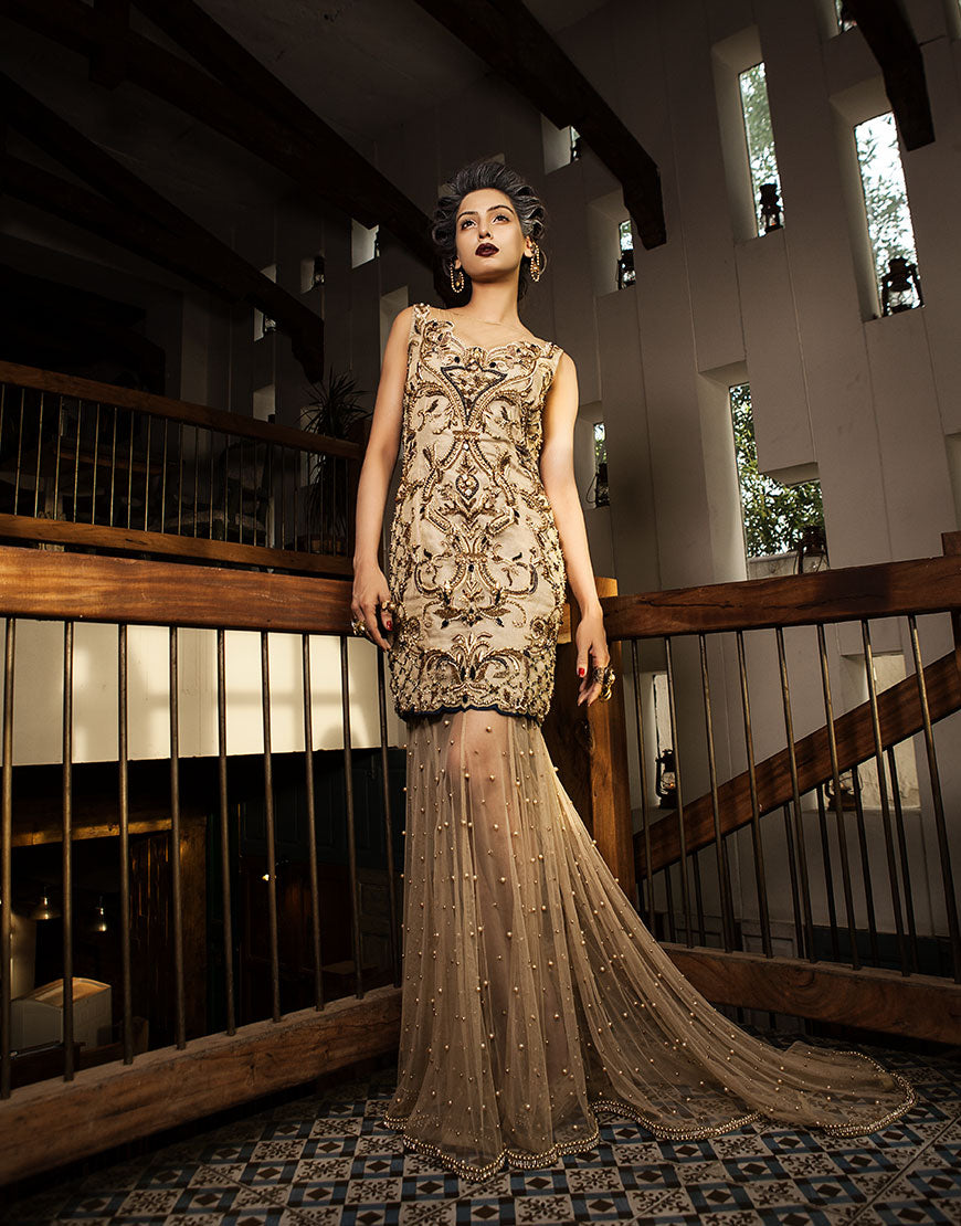 Pakistani Gold Beaded Net Gown (1-Pc) - Image 1