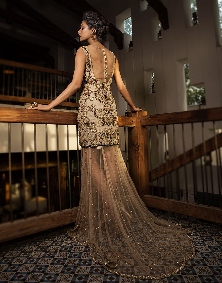 Pakistani Gold Beaded Net Gown (1-Pc) - Image 2
