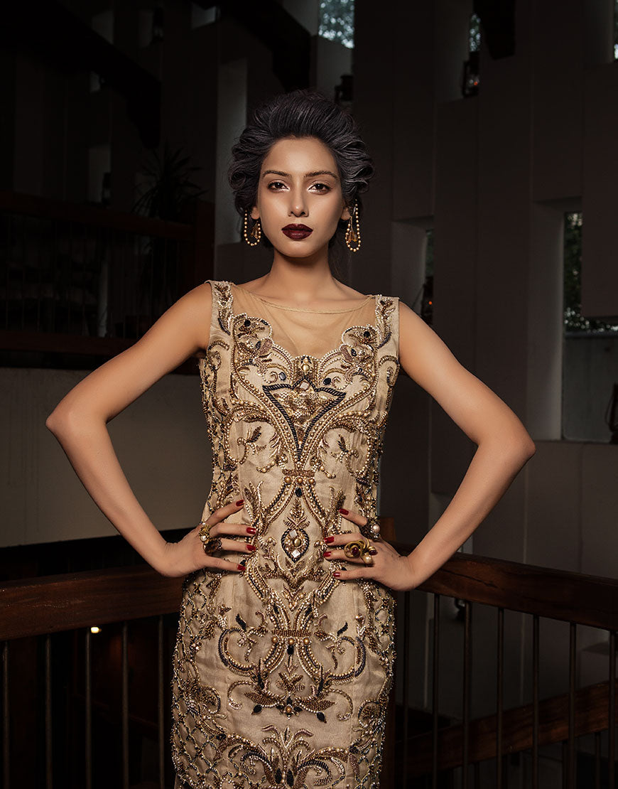 Pakistani Gold Beaded Net Gown (1-Pc) - Image 4