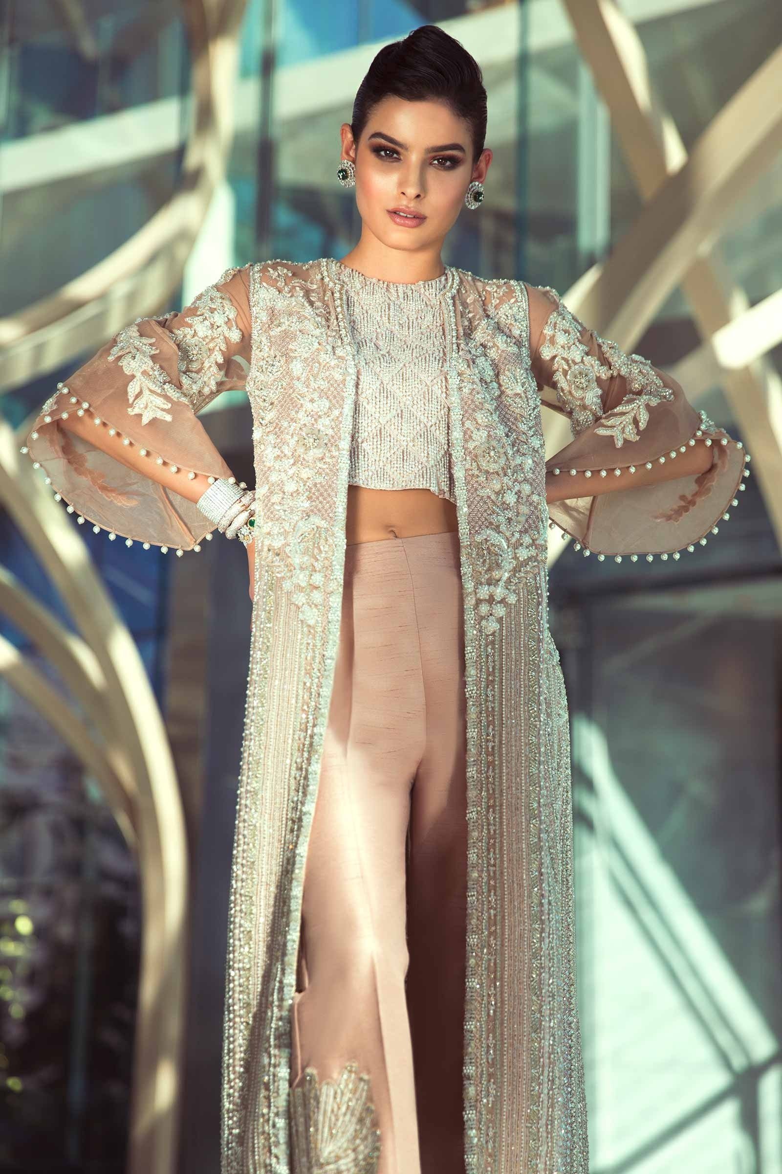 Pakistani Champagne Embellished Net Jacket 3-Piece - Image 1