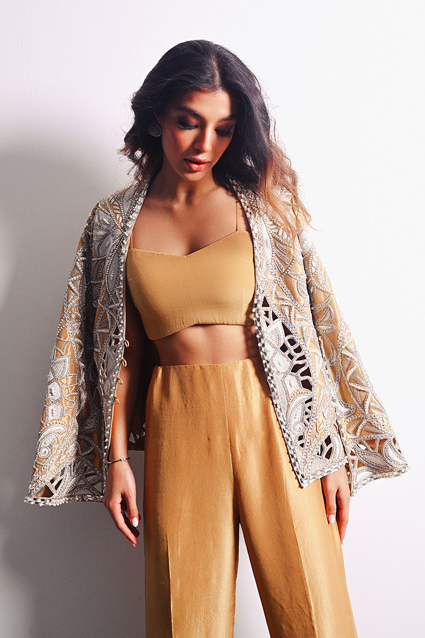 Pakistani Champagne Gold Embroidered Tissue Jacket & Raw Silk Set (3-Piece) - Image 6