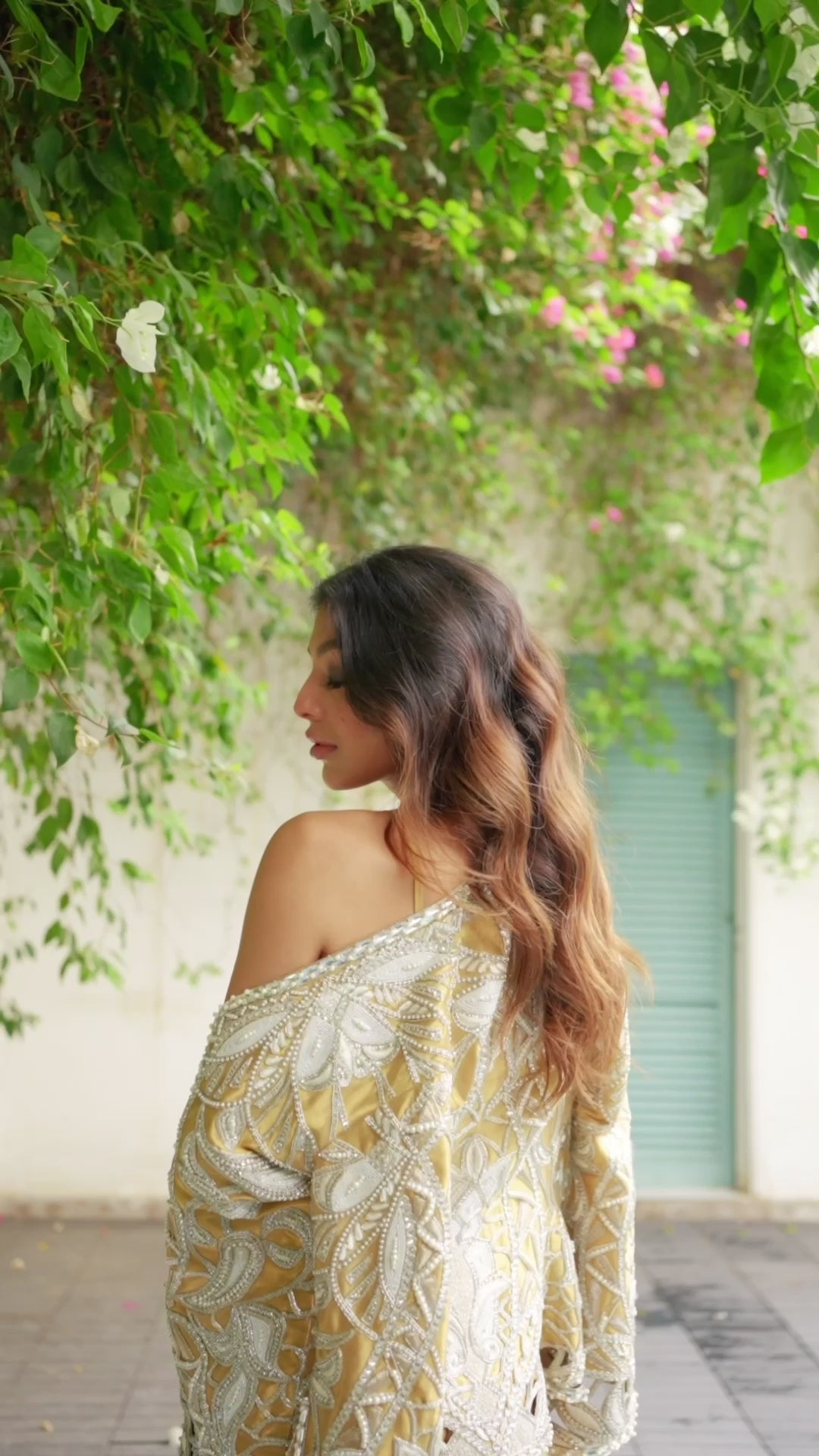 Pakistani Champagne Gold Embroidered Tissue Jacket & Raw Silk Set (3-Piece) - Image 8