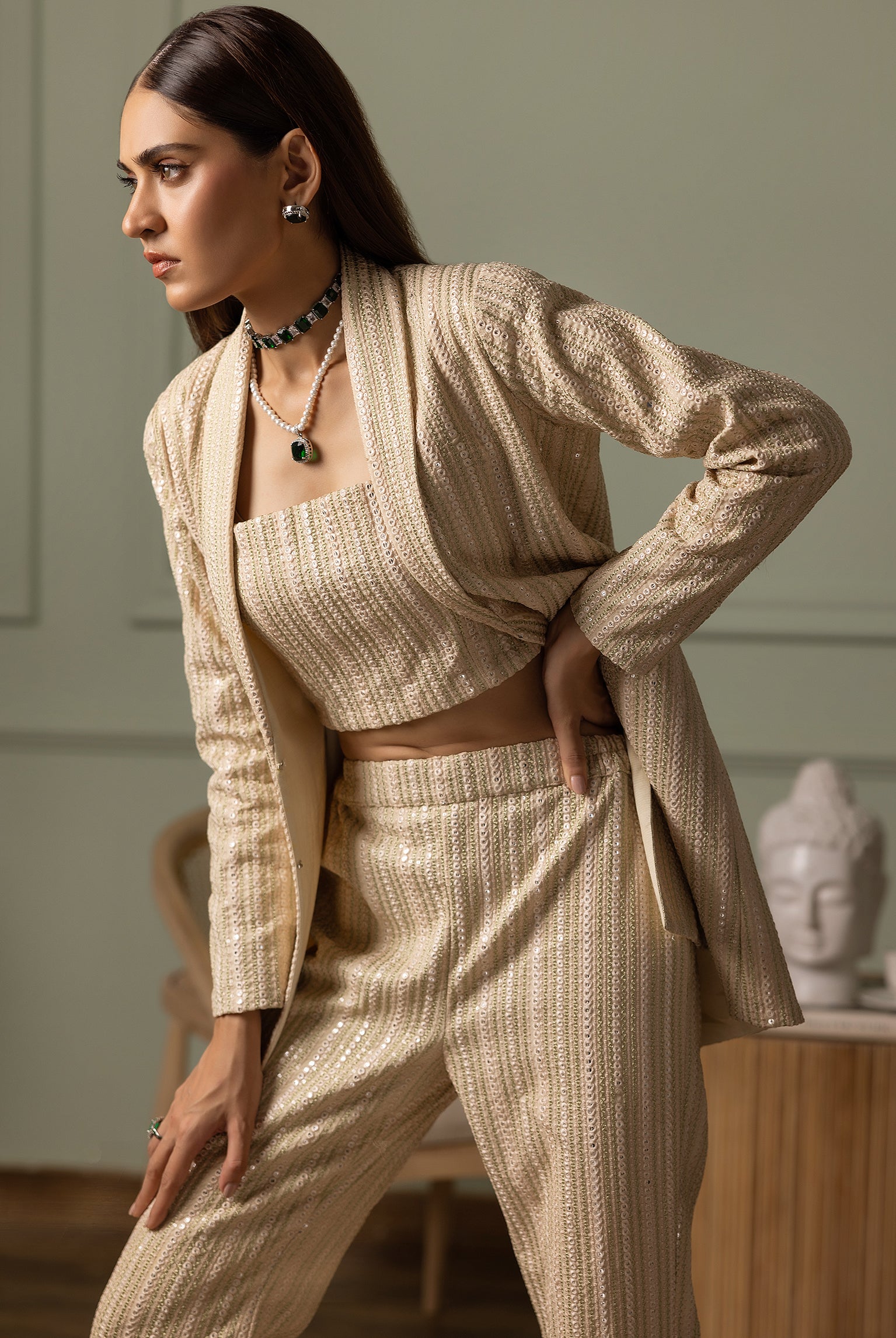 Champagne Embroidered Chiffon Jacket and Trouser (3-Piece) - Image 3