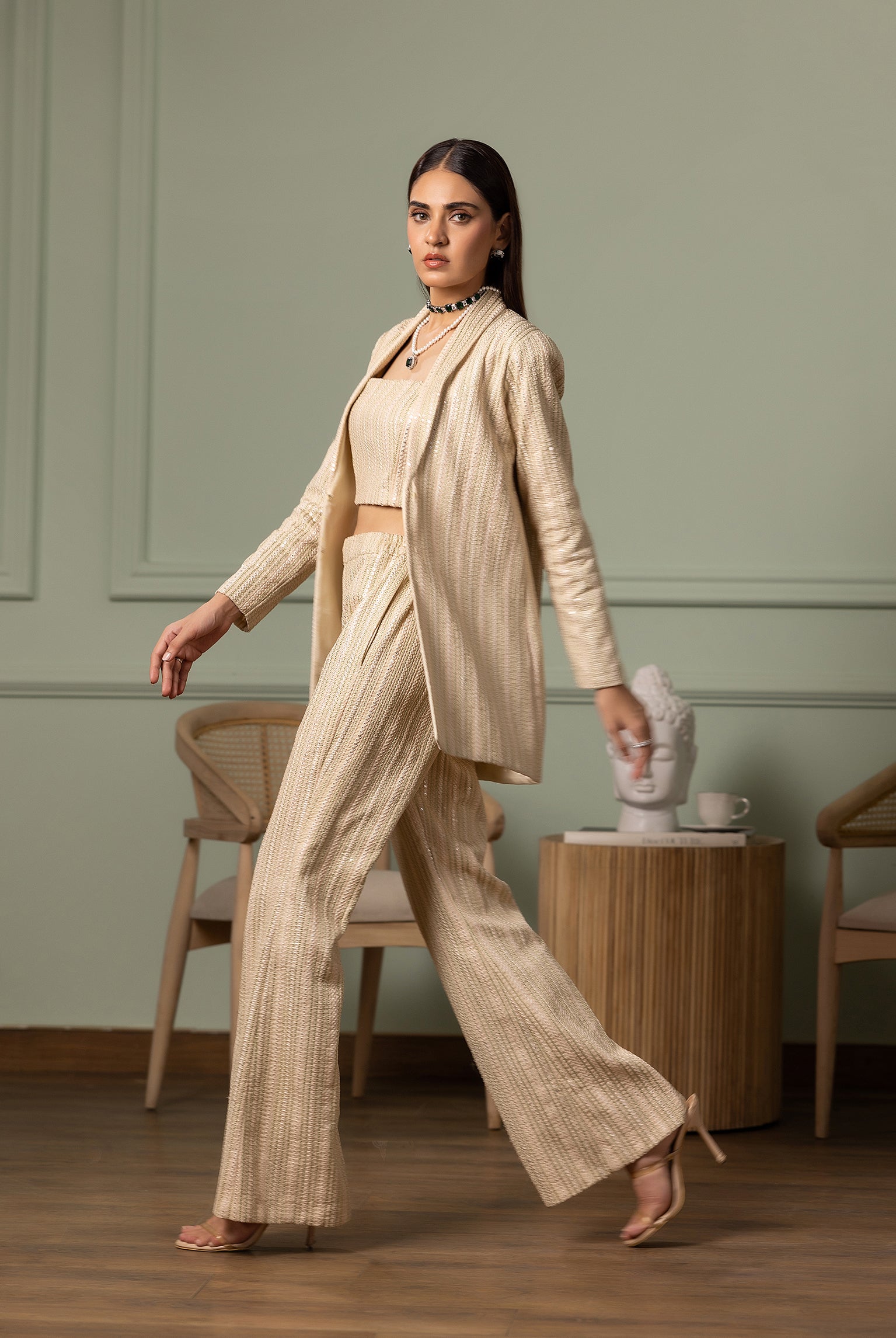 Champagne Embroidered Chiffon Jacket and Trouser (3-Piece) - Image 4