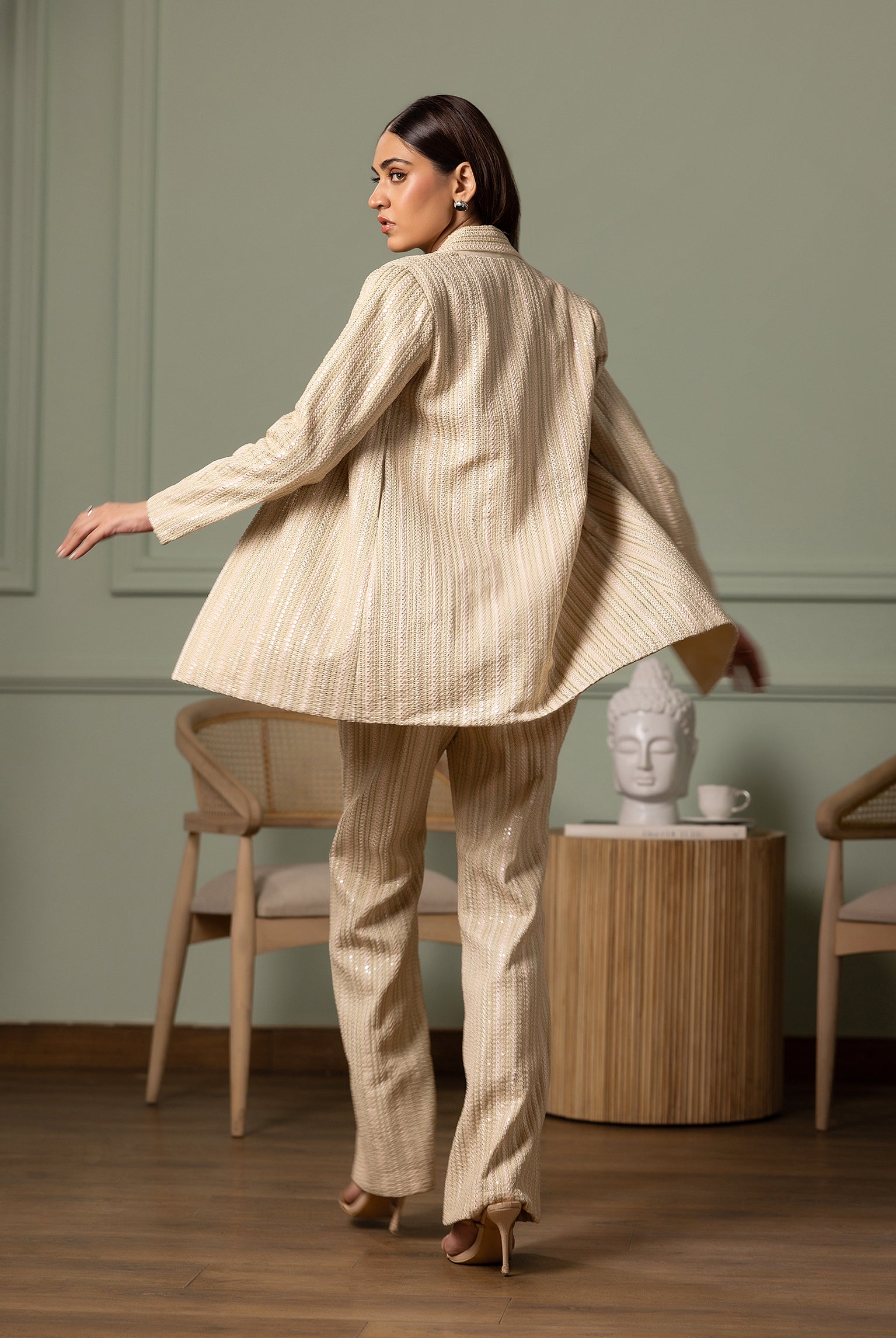 Champagne Embroidered Chiffon Jacket and Trouser (3-Piece) - Image 5