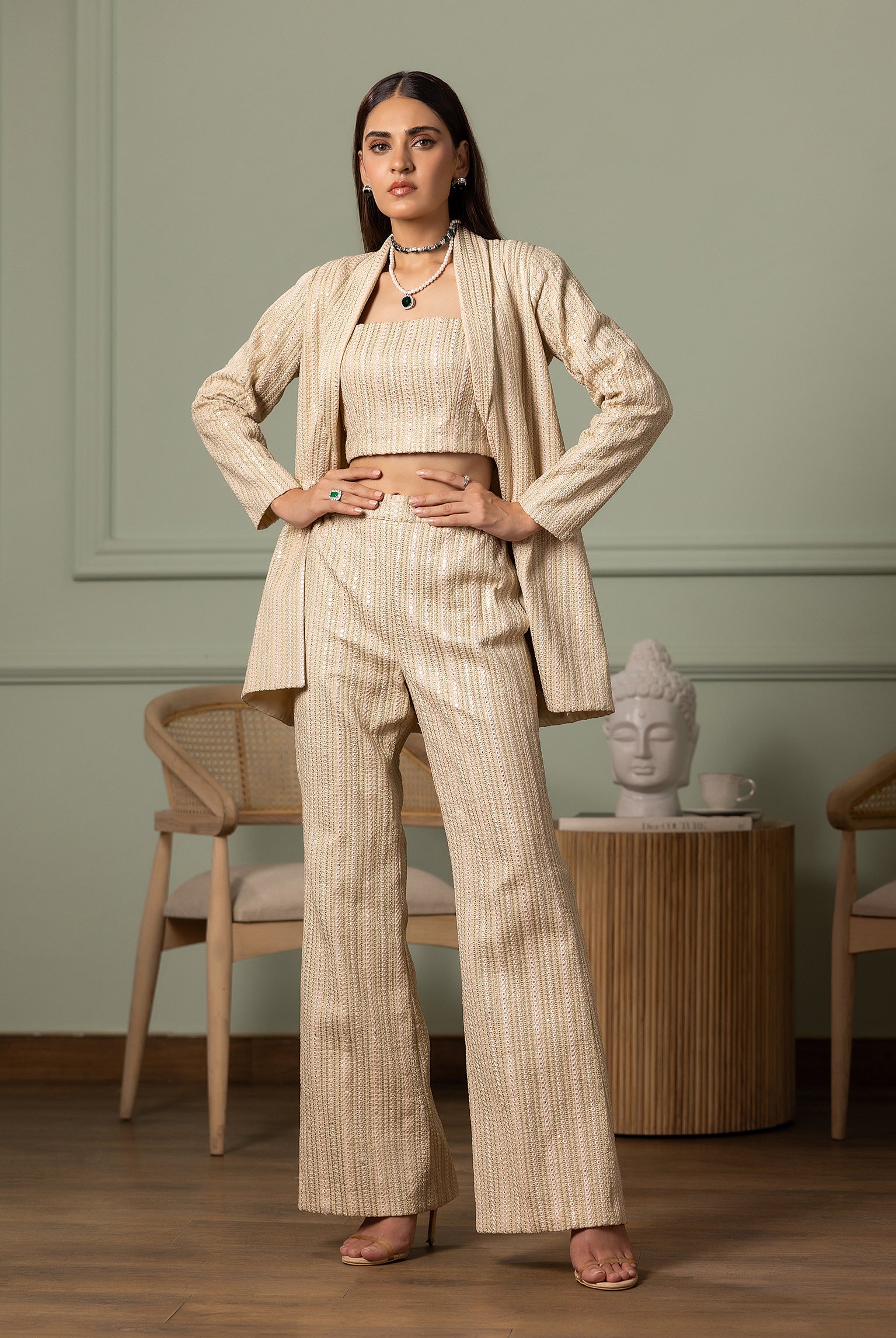 Champagne Embroidered Chiffon Jacket and Trouser (3-Piece) - Image 7