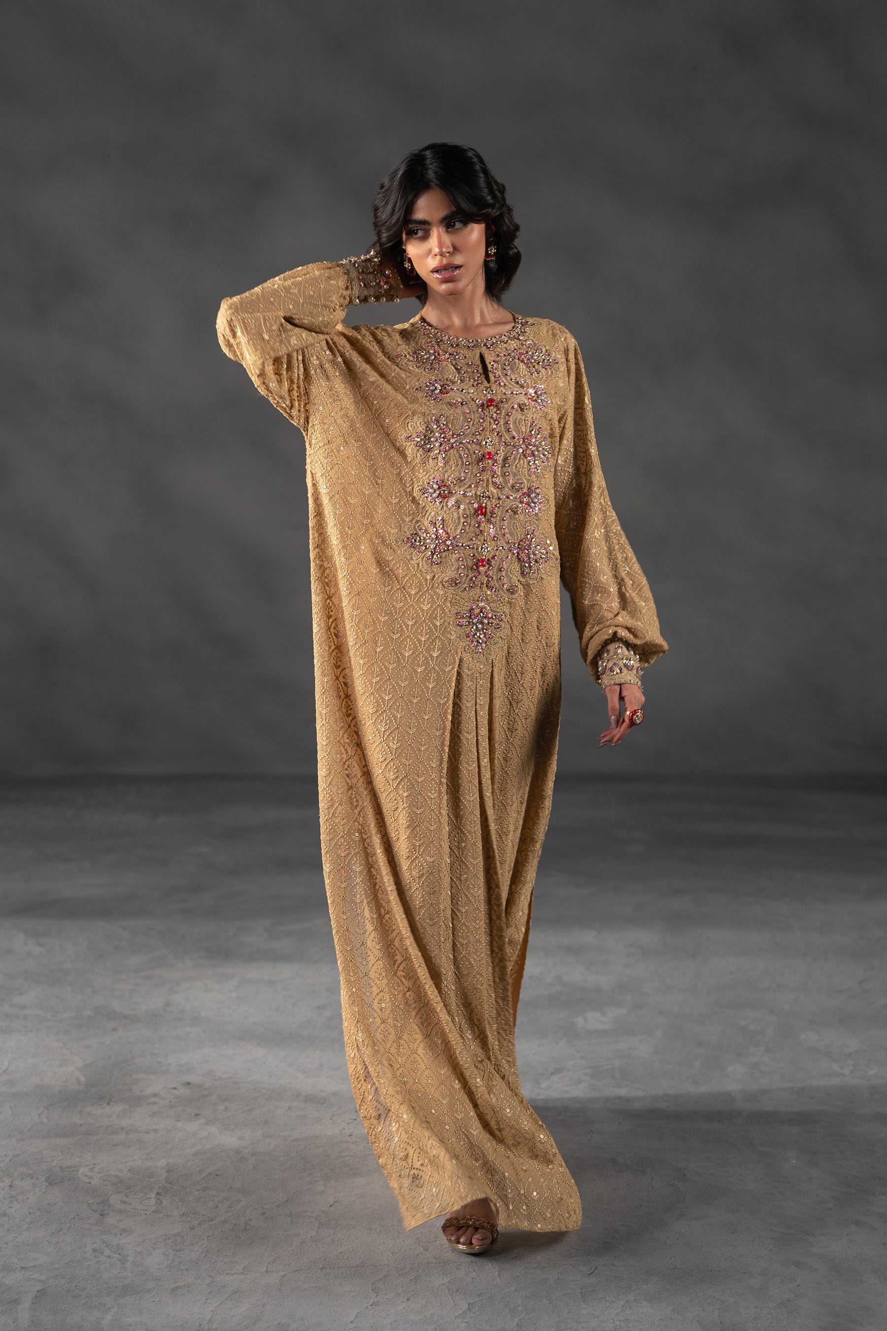 Desert Gold Embroidered Chiffon Kaftan (3-Piece) - Image 1
