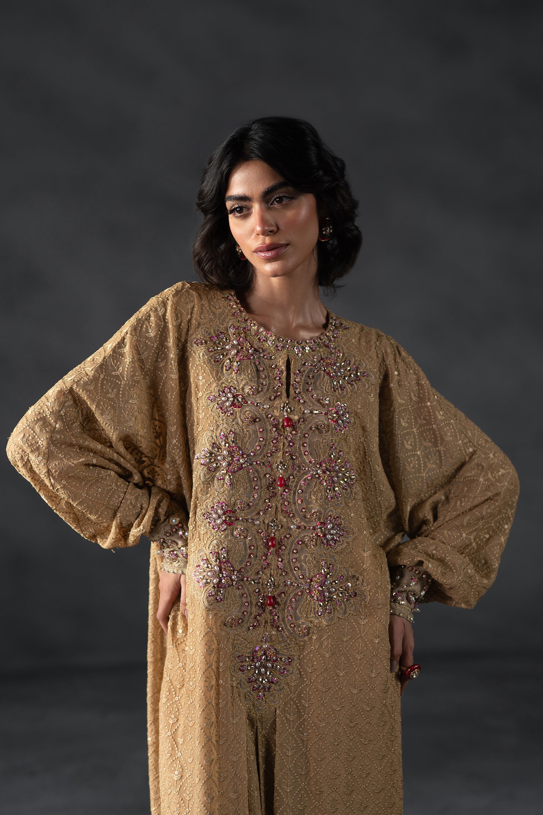 Desert Gold Embroidered Chiffon Kaftan (3-Piece) - Image 2