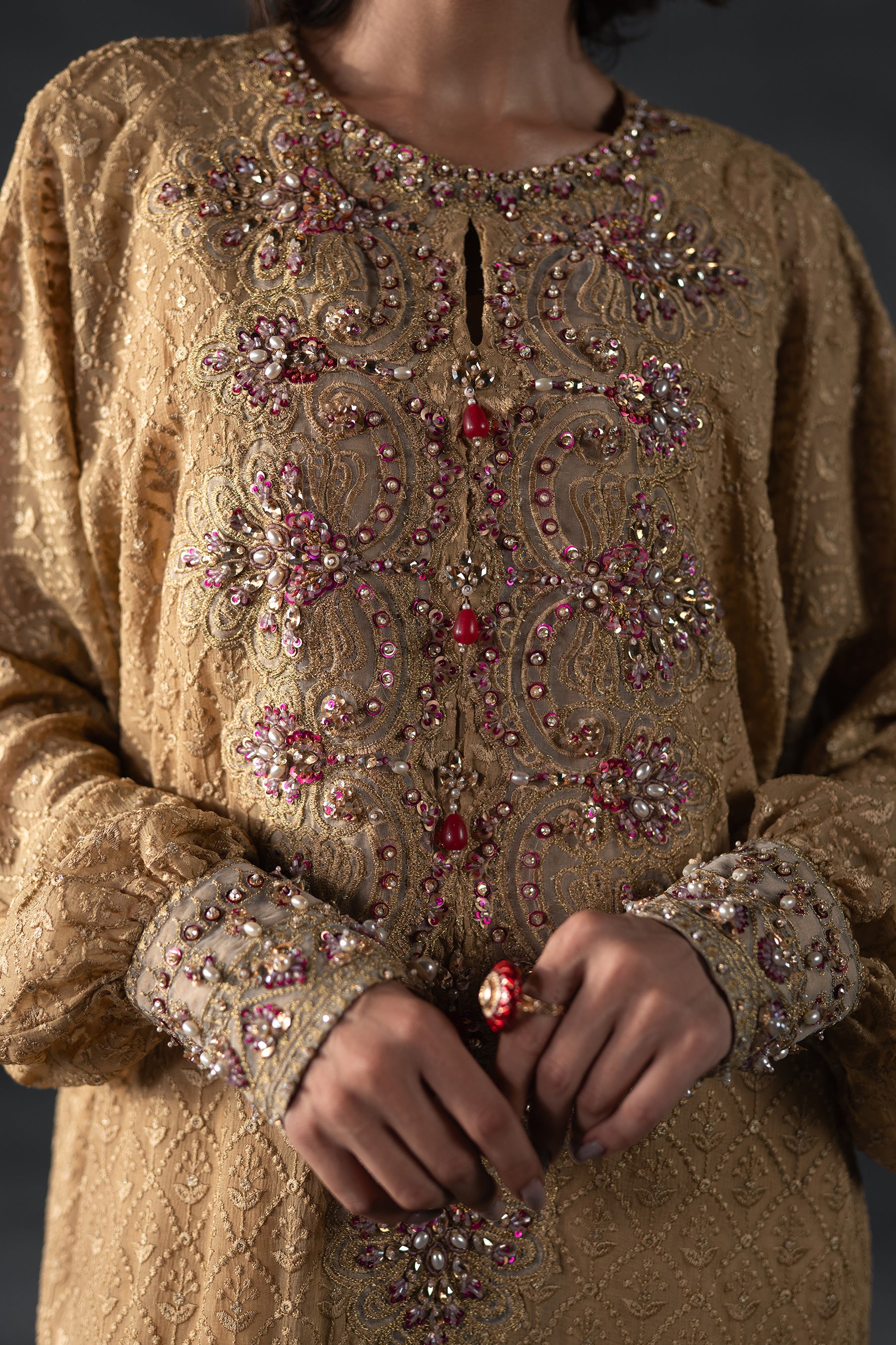 Desert Gold Embroidered Chiffon Kaftan (3-Piece) - Image 4