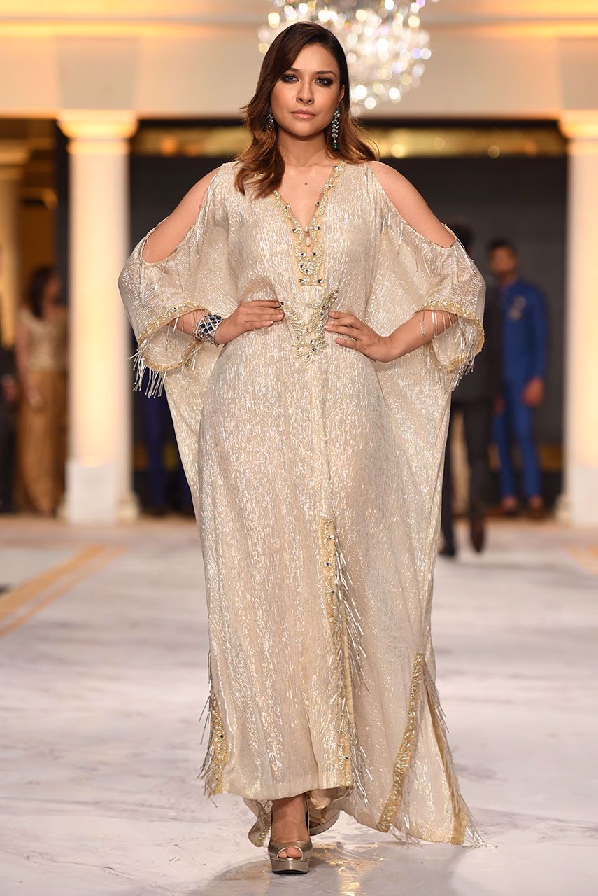 Pakistani Gold Hand Embellished Shimmer Kaftan (1-Pc) - Image 1