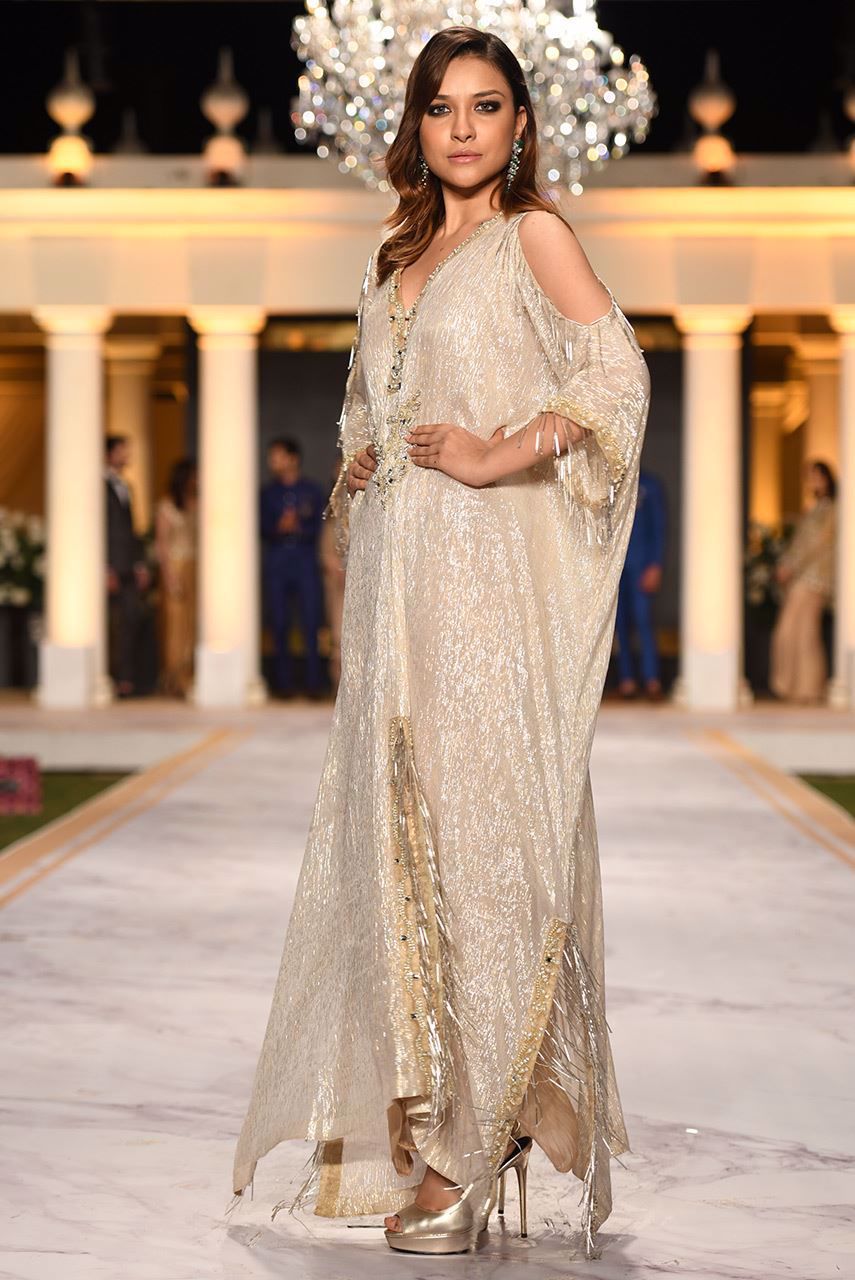 Pakistani Gold Hand Embellished Shimmer Kaftan (1-Pc) - Image 2