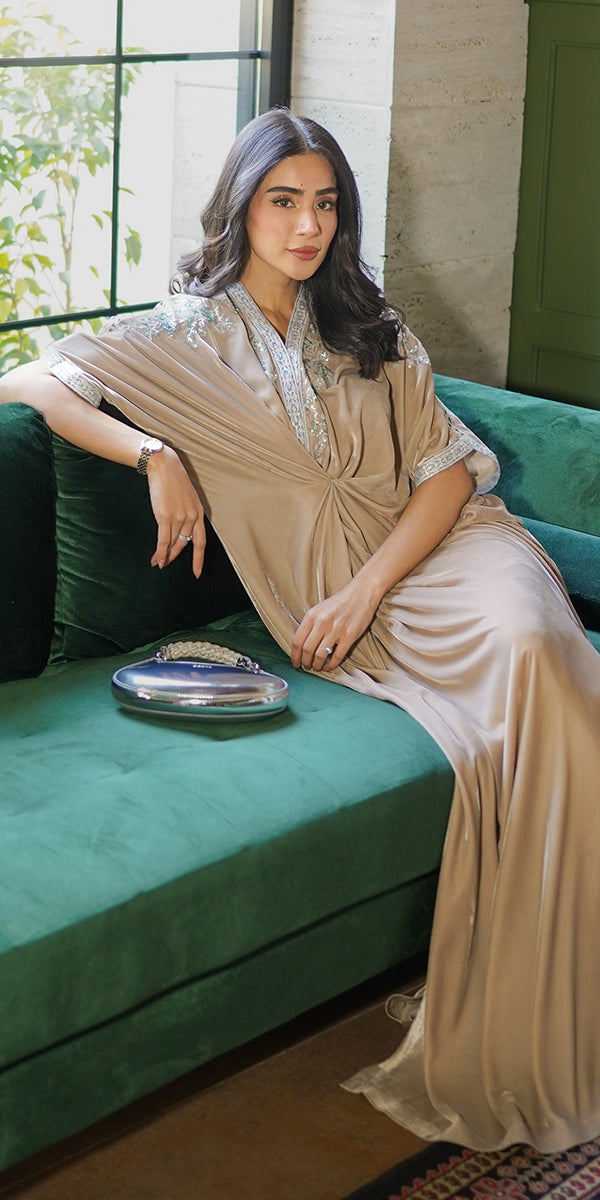 Pakistani Champagne Hand-Embellished Silk-Blend Kaftan (1-Pc) - Image 4