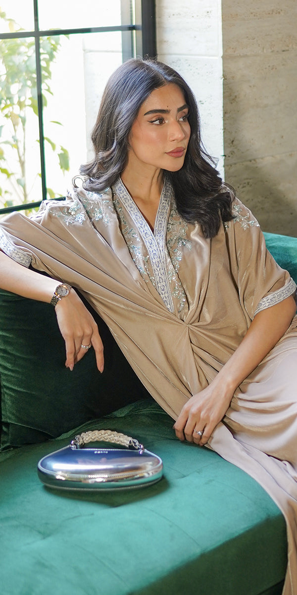 Pakistani Champagne Hand-Embellished Silk-Blend Kaftan (1-Pc) - Image 5