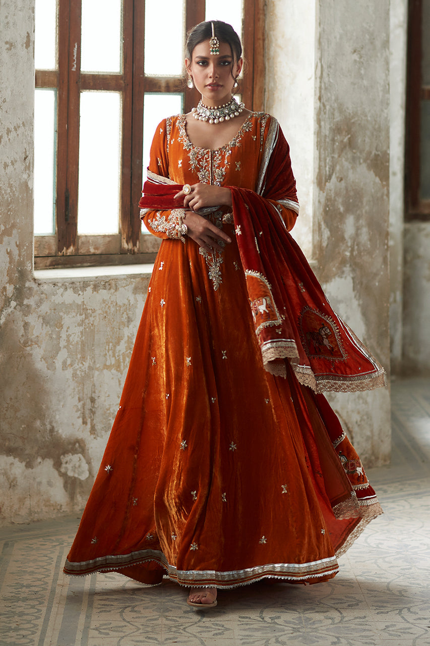 Pakistani Saffron Zardozi Velvet Kalidaar (3-Piece) - Image 1