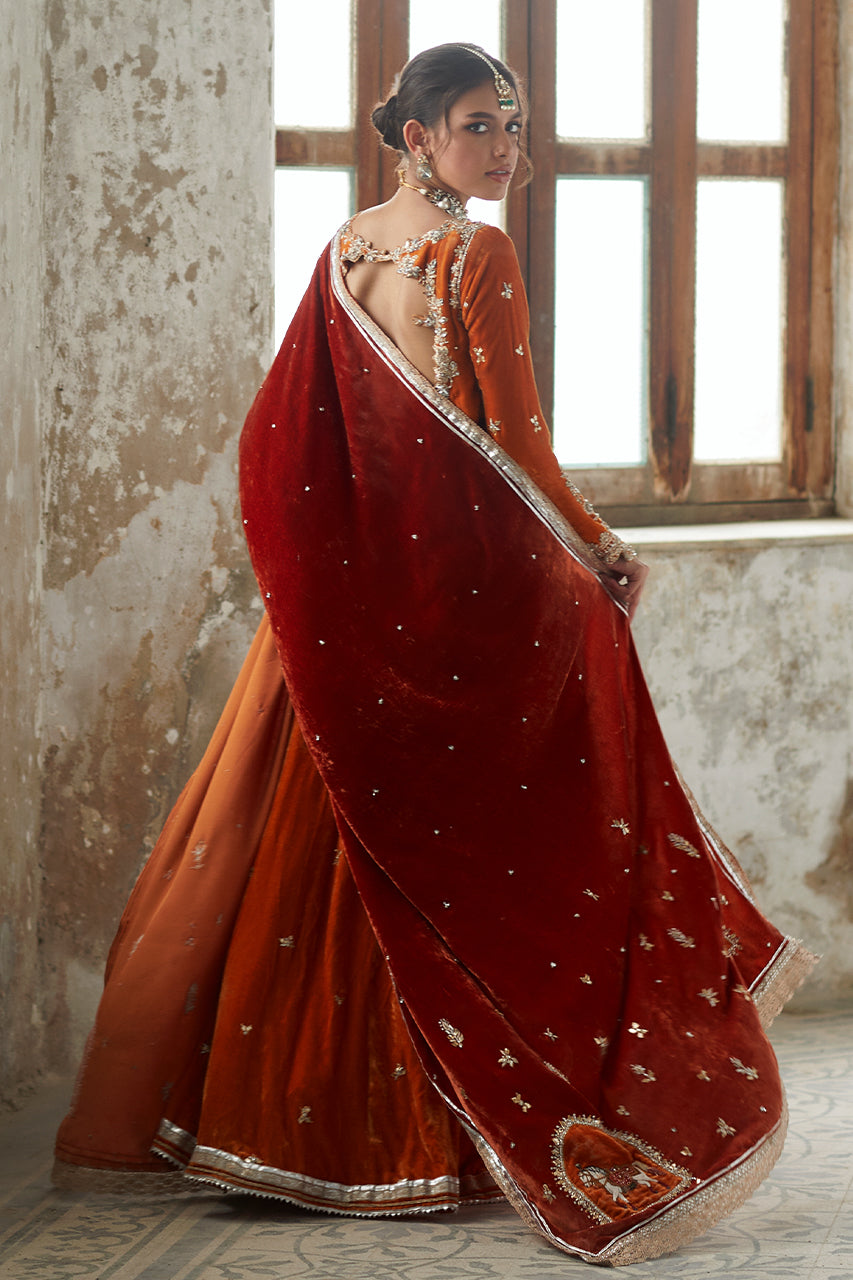 Pakistani Saffron Zardozi Velvet Kalidaar (3-Piece) - Image 4