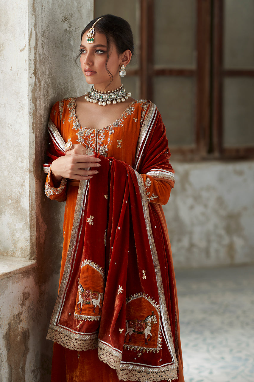Pakistani Saffron Zardozi Velvet Kalidaar (3-Piece) - Image 5