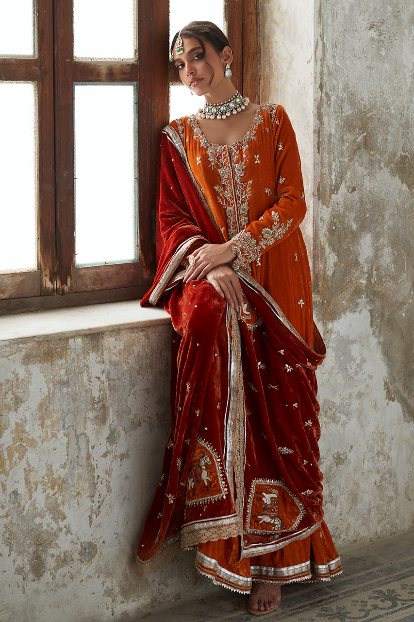 Pakistani Saffron Zardozi Velvet Kalidaar (3-Piece) - Image 6