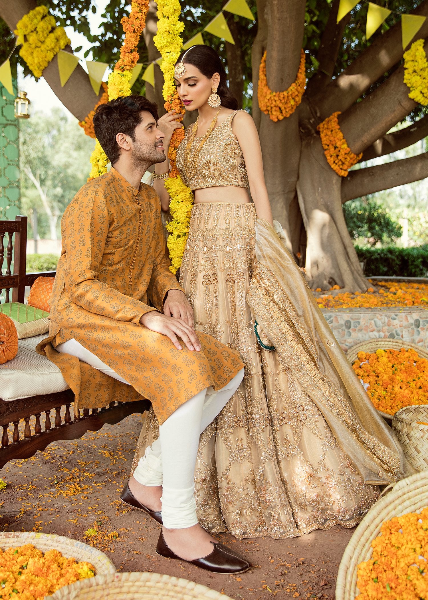 Honey Gold Block-Printed Korean Rawsilk Kurta (2-Piece) - Image 2