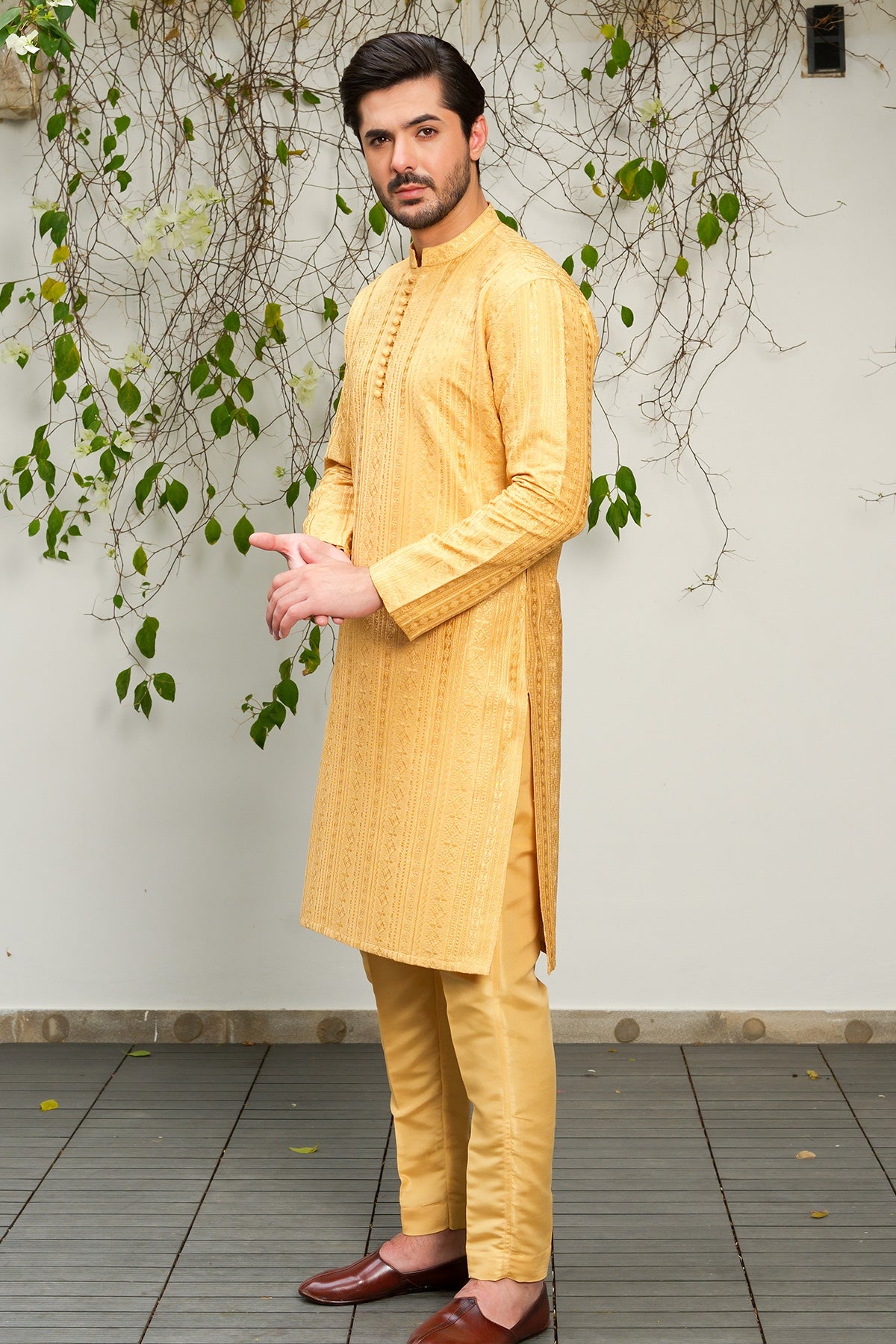 Golden Self-Woven Masoori Kurta Pajama (2-Piece) - Image 1