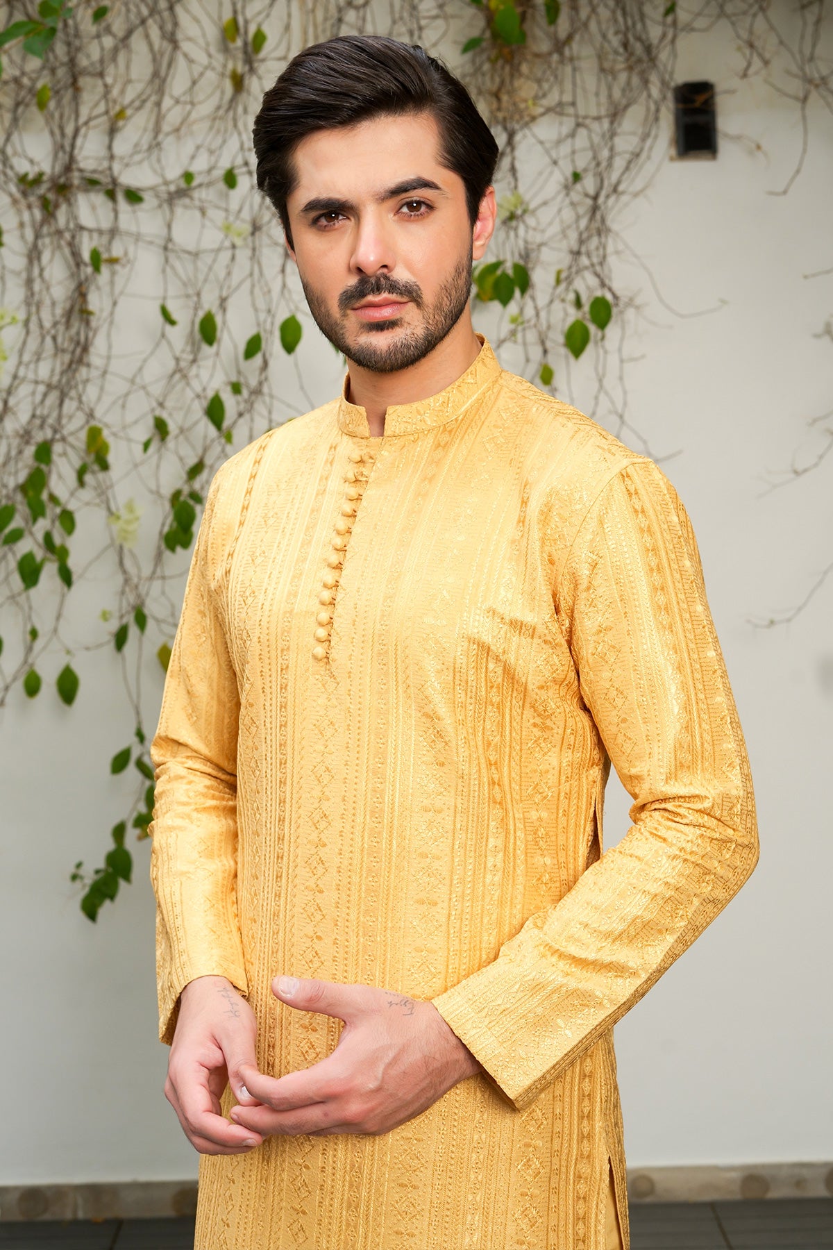 Golden Self-Woven Masoori Kurta Pajama (2-Piece) - Image 2