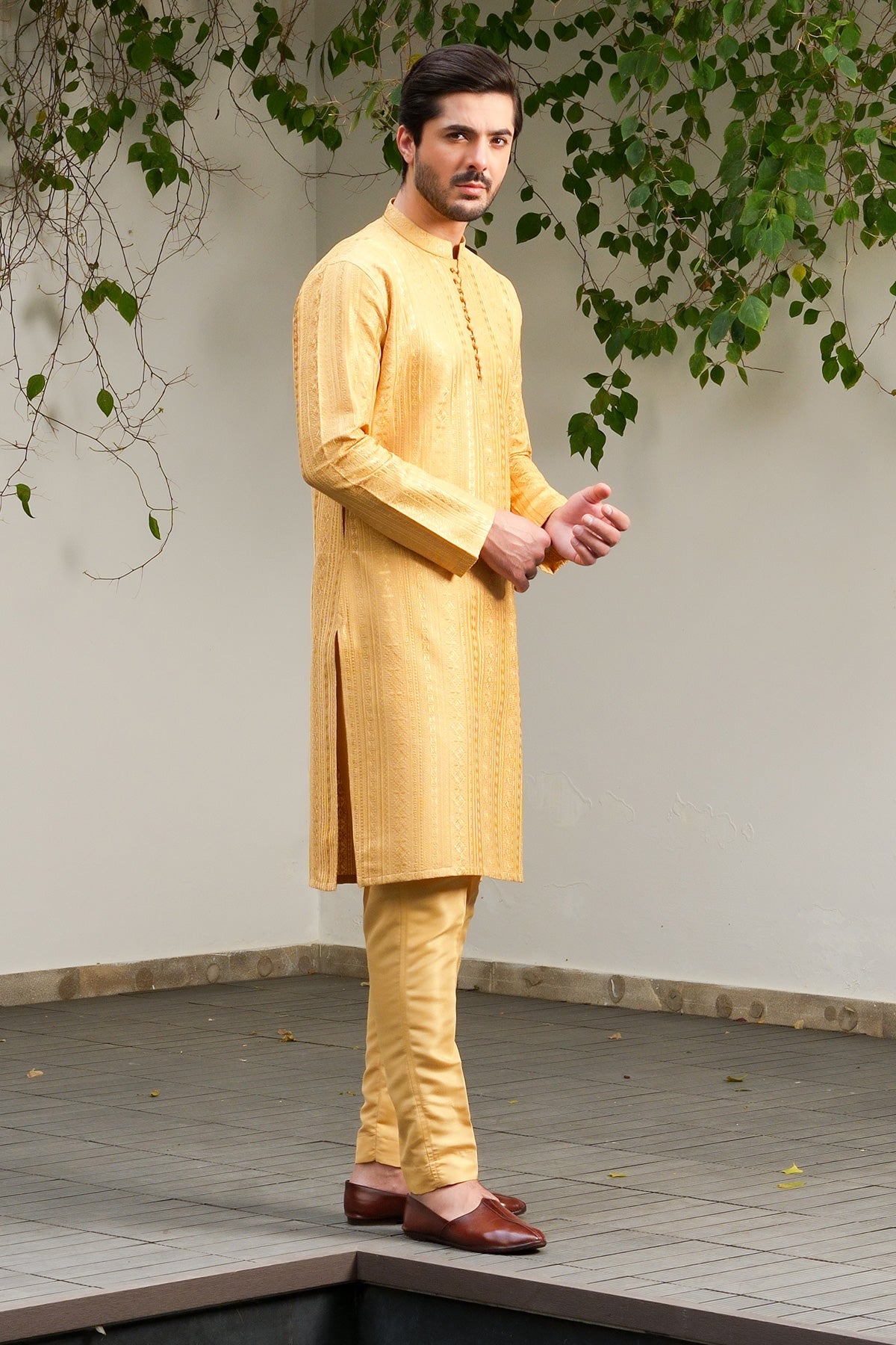 Golden Self-Woven Masoori Kurta Pajama (2-Piece) - Image 3