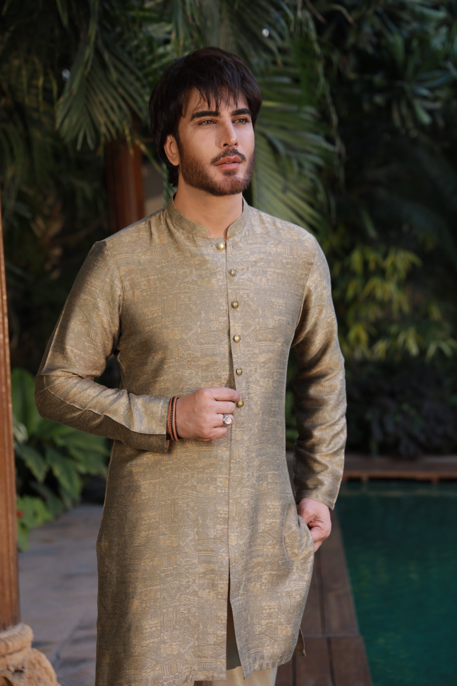 Gold Self-Jacquard Kurta Pajama (2-Piece) - Image 3