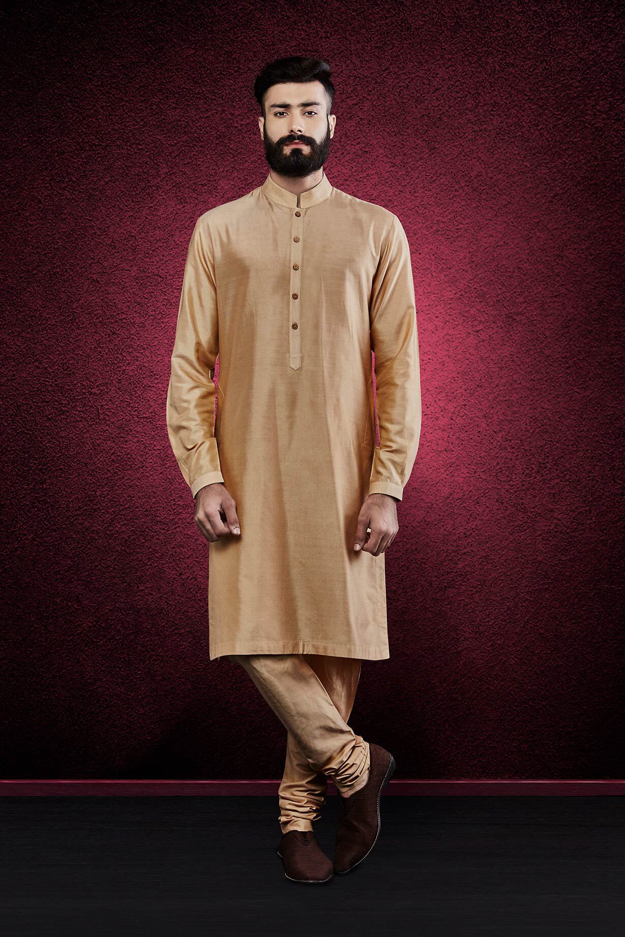 Gold Stitch-Line Silk Kurta Pajama (2-Piece) - Image 1