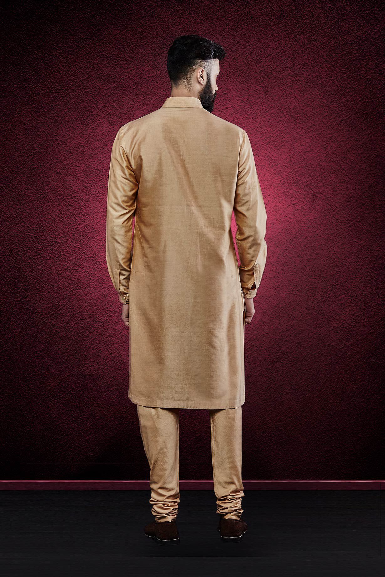 Gold Stitch-Line Silk Kurta Pajama (2-Piece) - Image 2