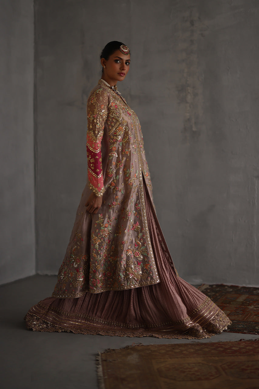 Pakistani Rose Gold Zardozi Meysuri Shirt & Silk Lehenga (2-Piece) - Image 2