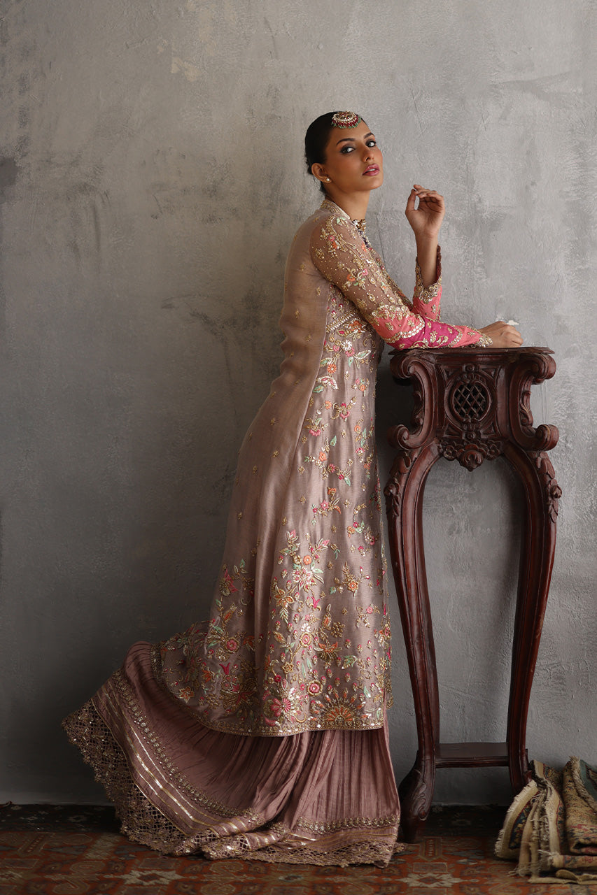 Pakistani Rose Gold Zardozi Meysuri Shirt & Silk Lehenga (2-Piece) - Image 4