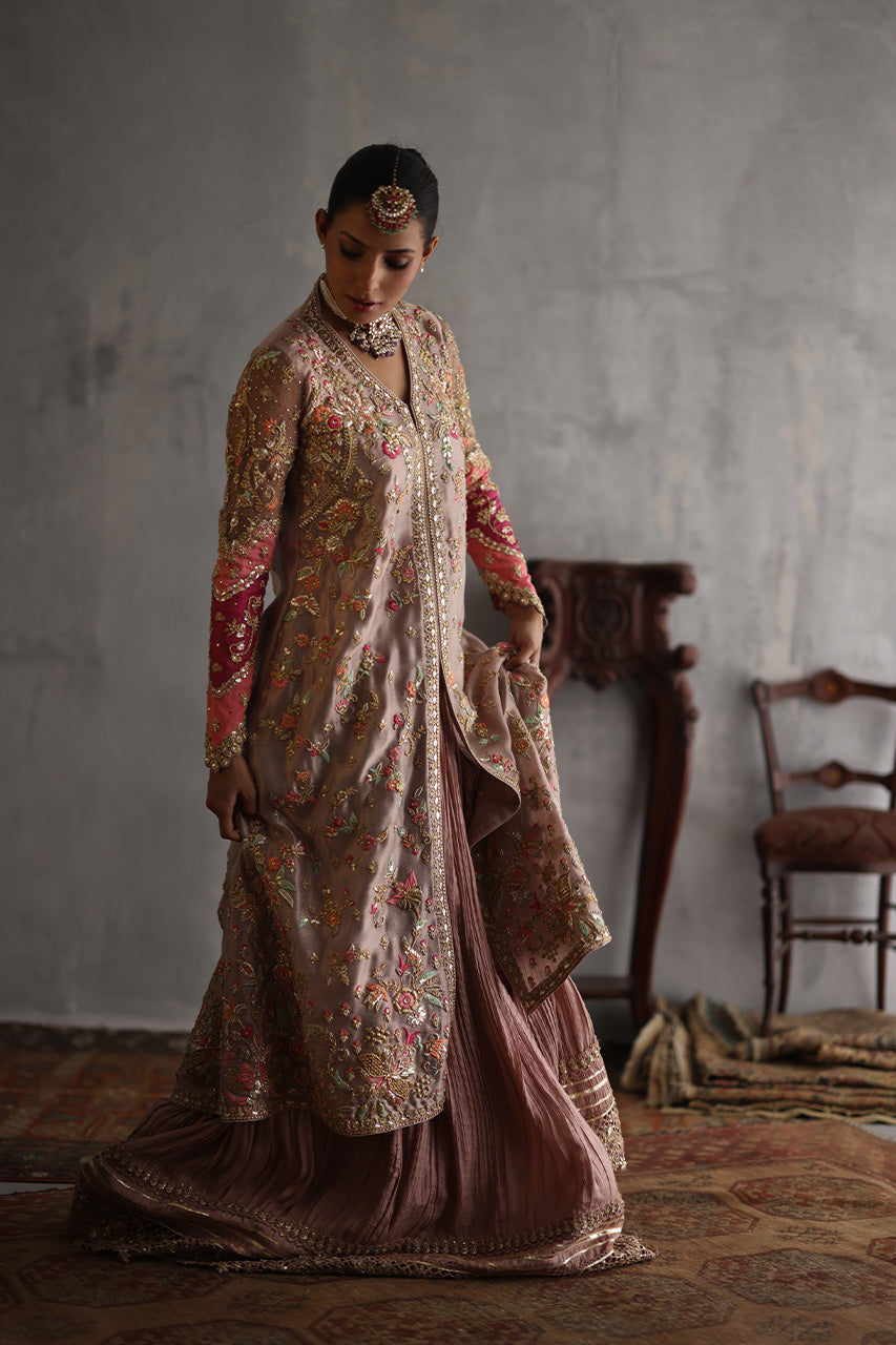Pakistani Rose Gold Zardozi Meysuri Shirt & Silk Lehenga (2-Piece) - Image 6