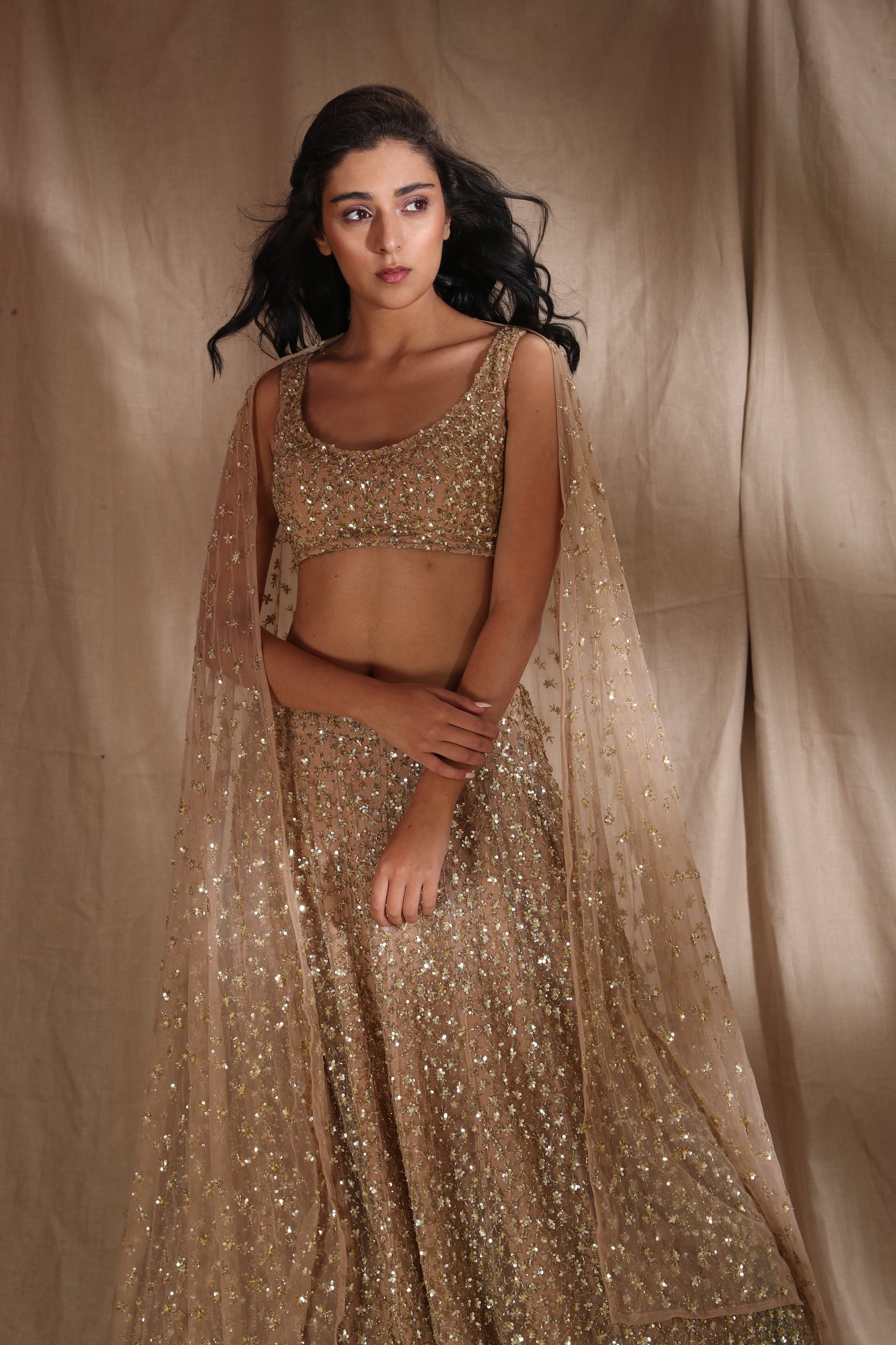 Gold Sequin Net Lehenga Set (3-Piece) - Image 1