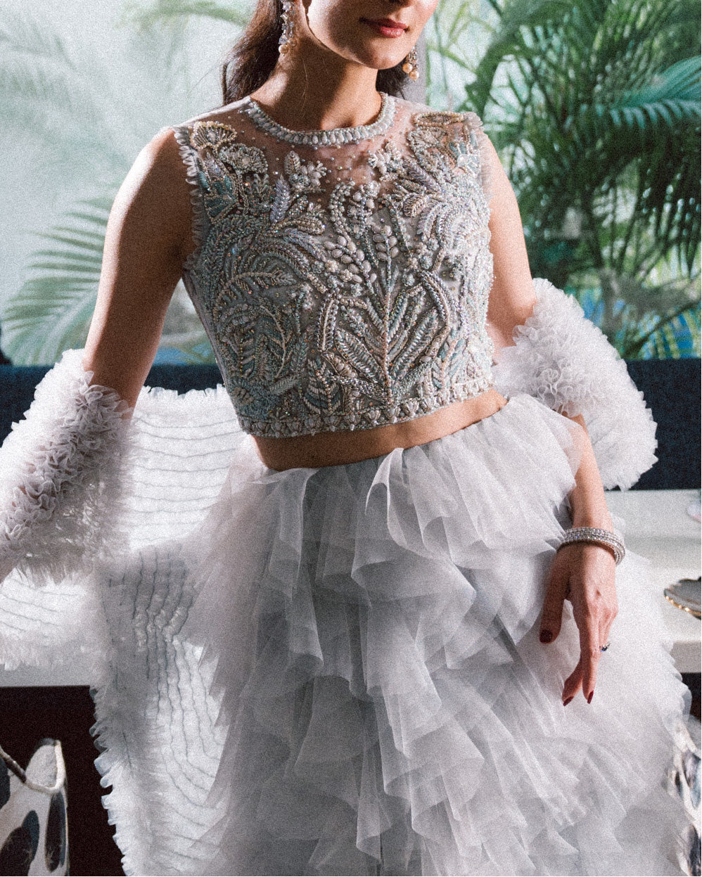 Pastel Amber Embroidered Net Tulle Lehenga (3-Piece) - Image 6