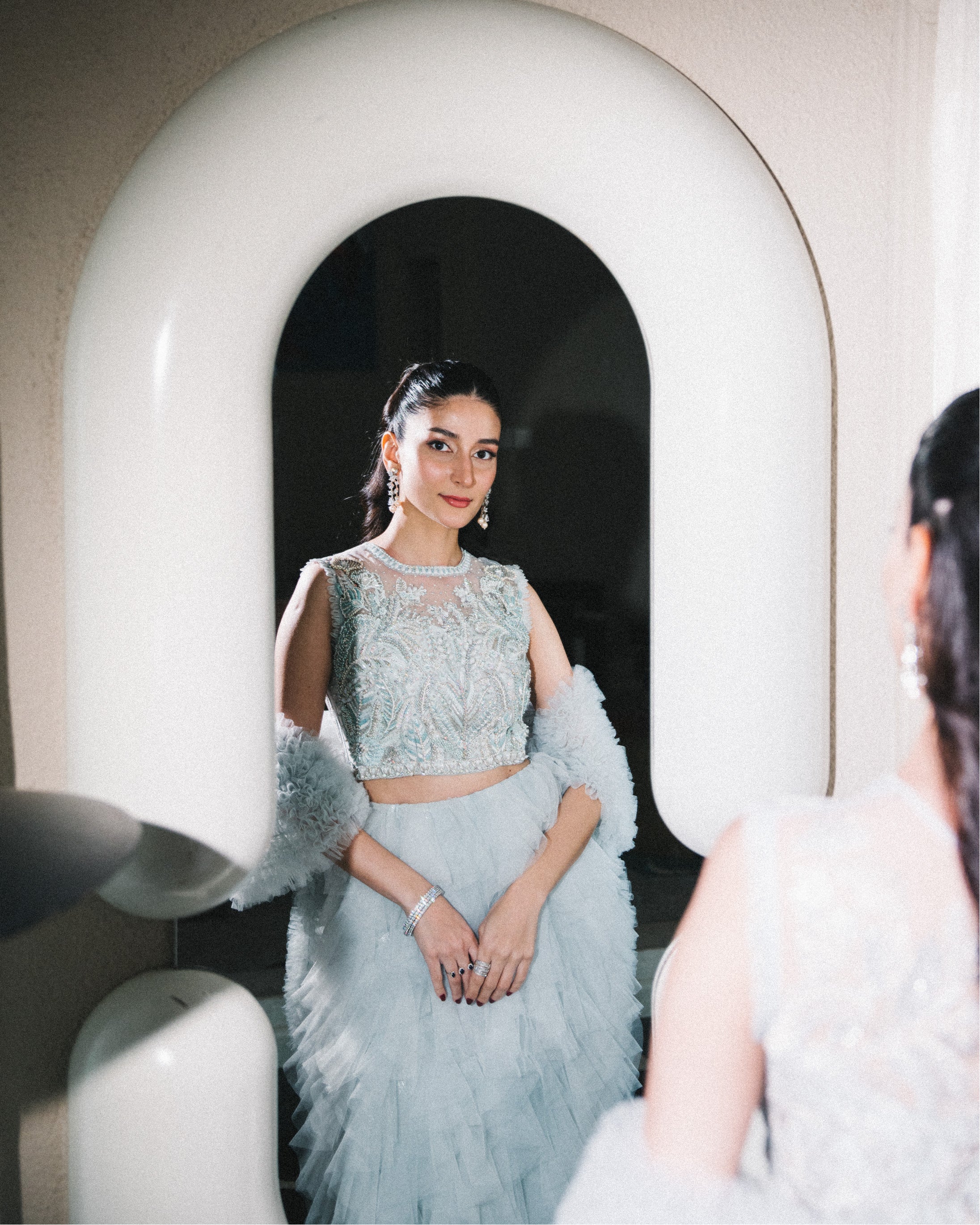 Pastel Amber Embroidered Net Tulle Lehenga (3-Piece) - Image 7