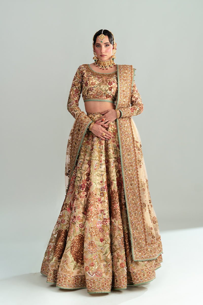 Pakistani Mint Gold Embroidered Organza Lehenga Choli (3-Piece) - Image 1