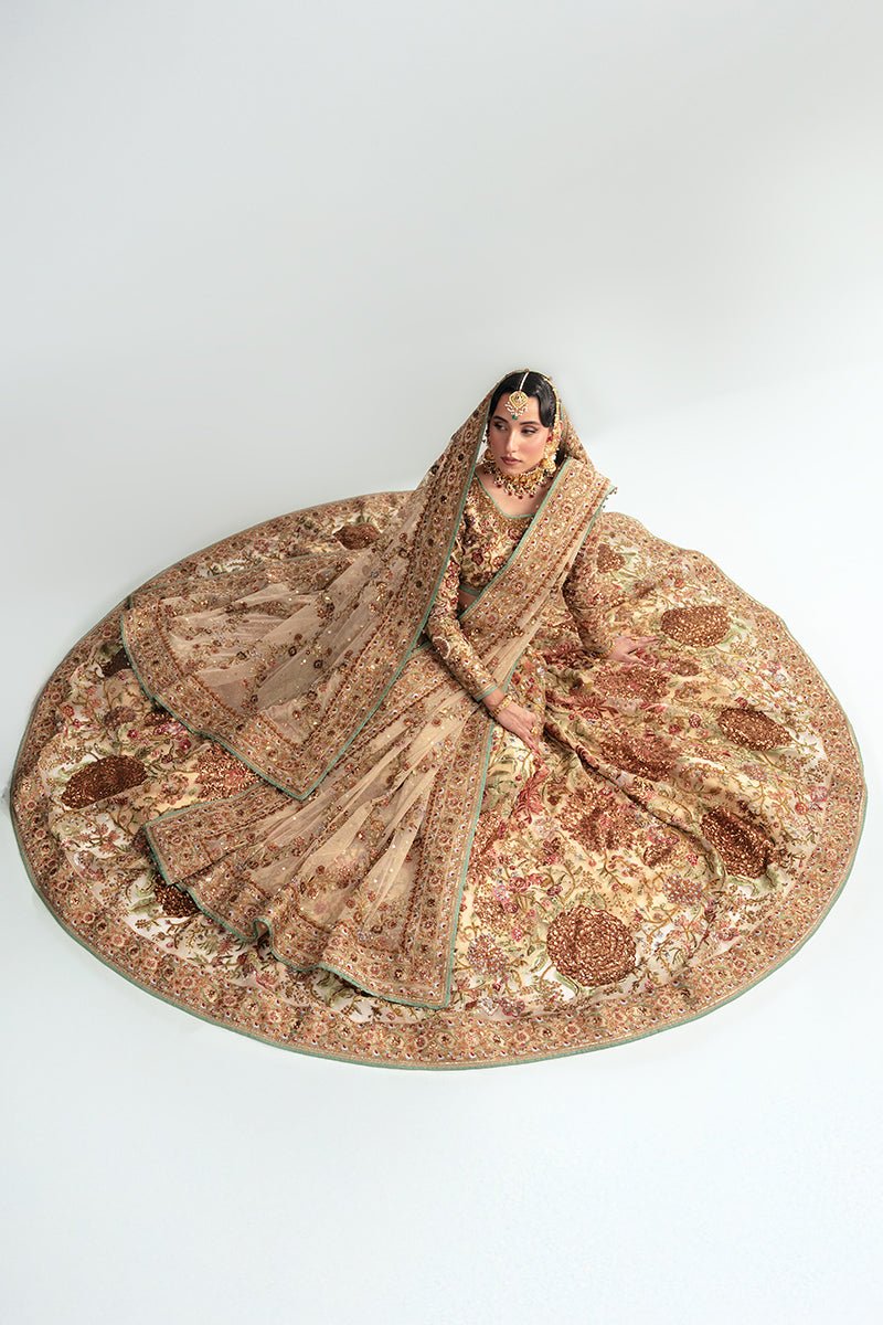 Pakistani Mint Gold Embroidered Organza Lehenga Choli (3-Piece) - Image 4