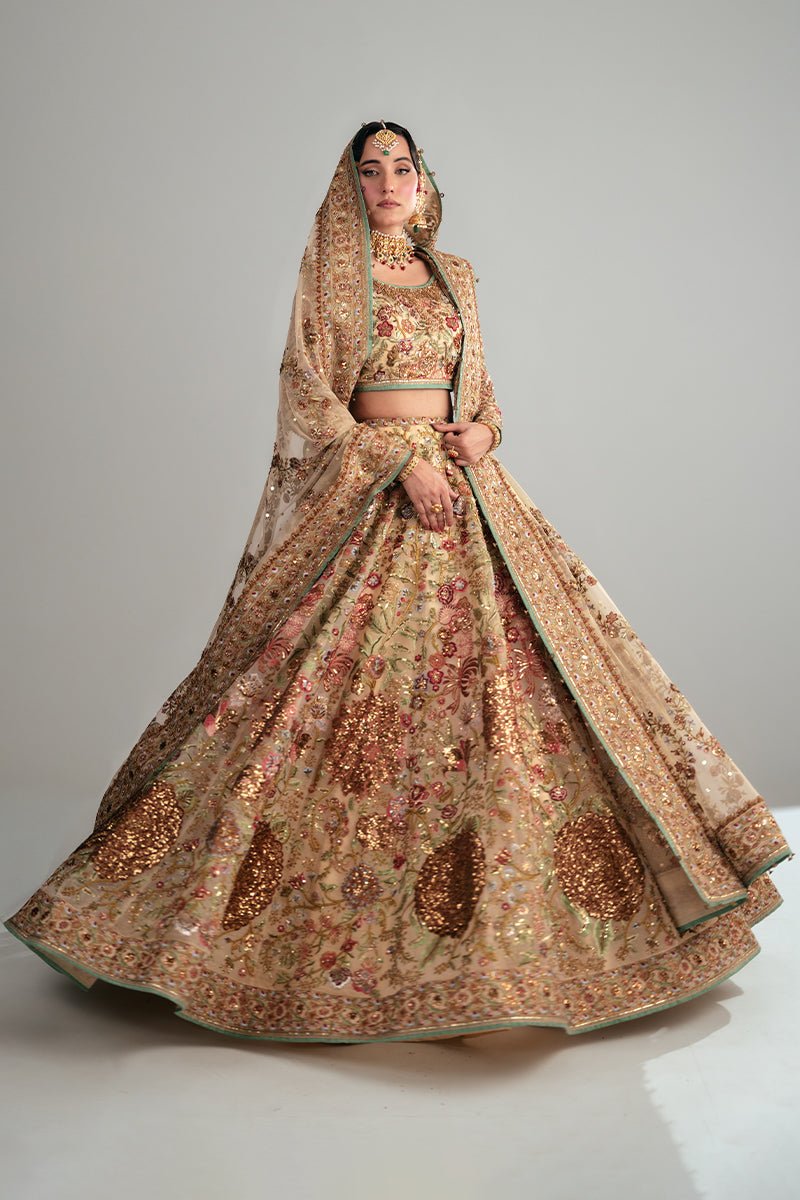 Pakistani Mint Gold Embroidered Organza Lehenga Choli (3-Piece) - Image 6