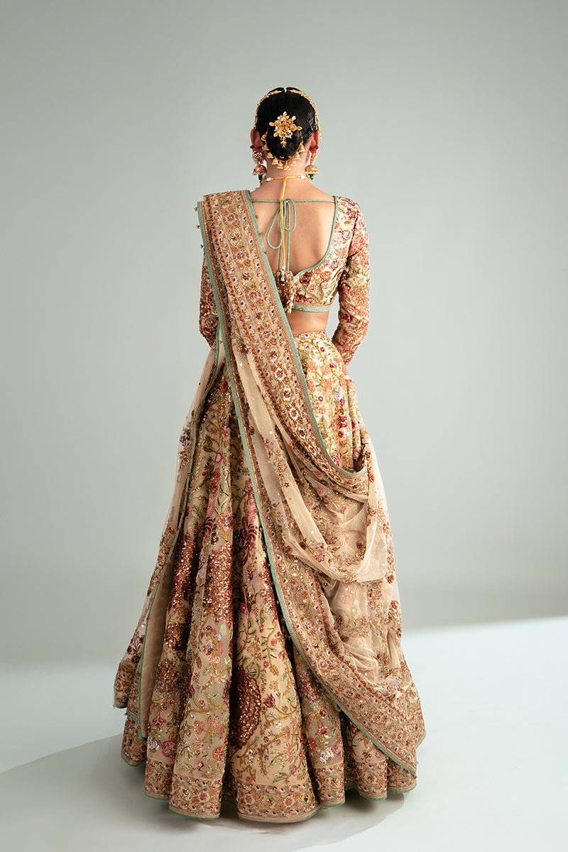 Pakistani Mint Gold Embroidered Organza Lehenga Choli (3-Piece) - Image 9