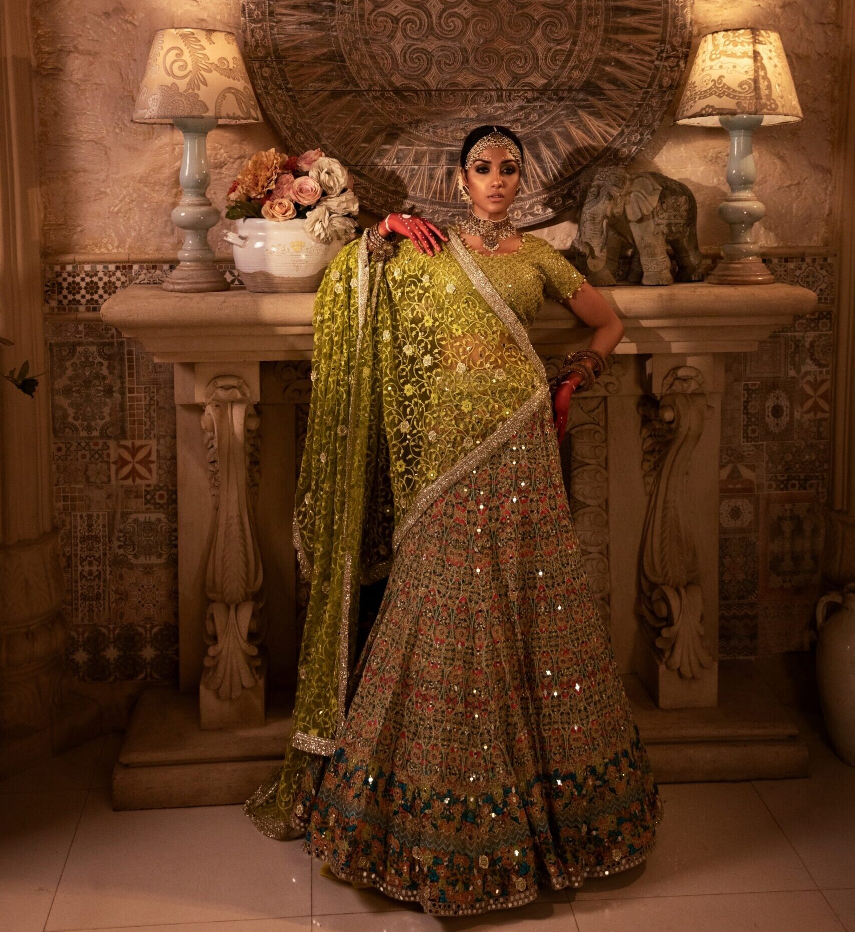 Golden and Lime Green Embroidered Silk-Blend Bridal Lehenga (3-Piece) - Image 1