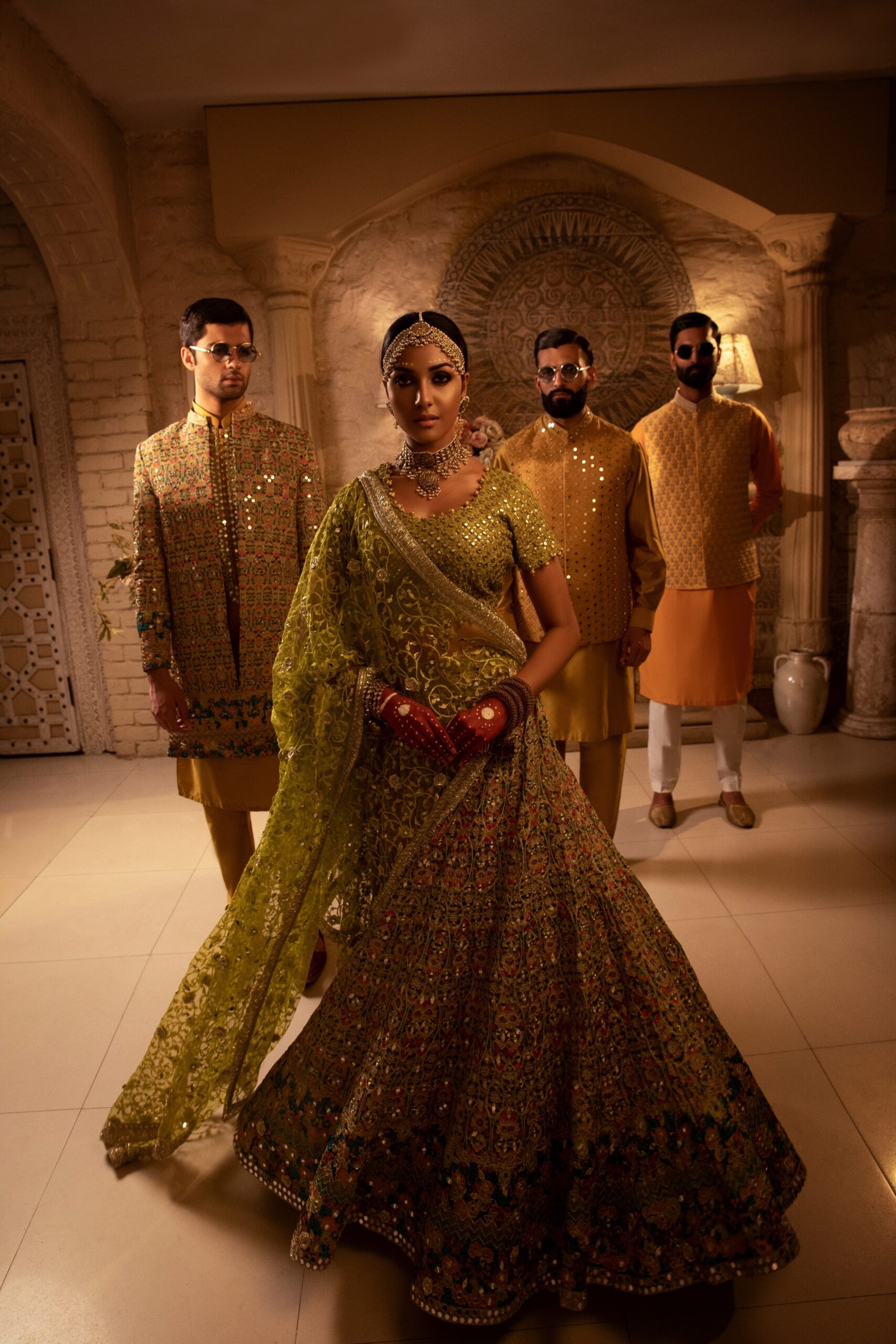 Golden and Lime Green Embroidered Silk-Blend Bridal Lehenga (3-Piece) - Image 10