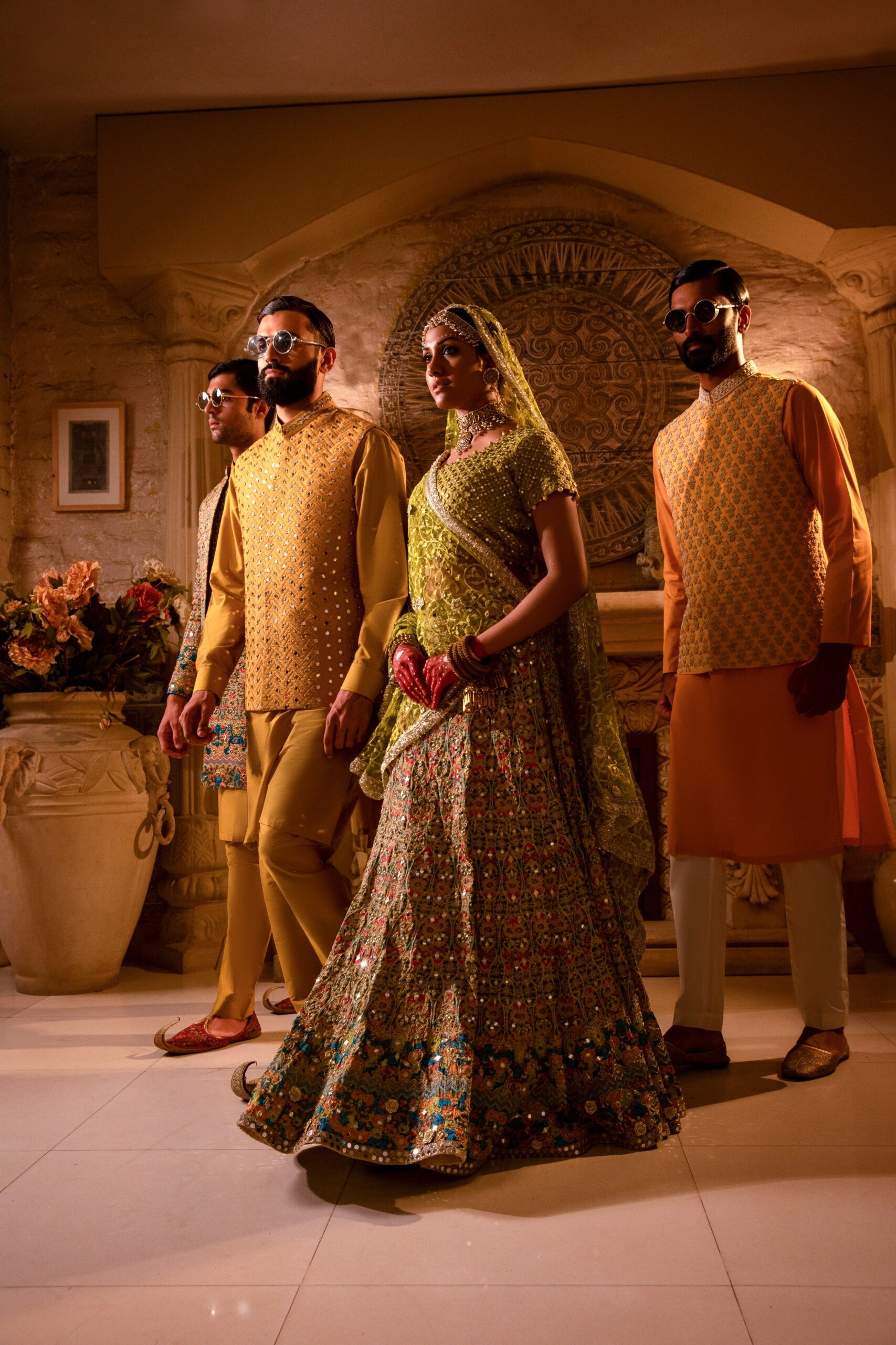 Golden and Lime Green Embroidered Silk-Blend Bridal Lehenga (3-Piece) - Image 11