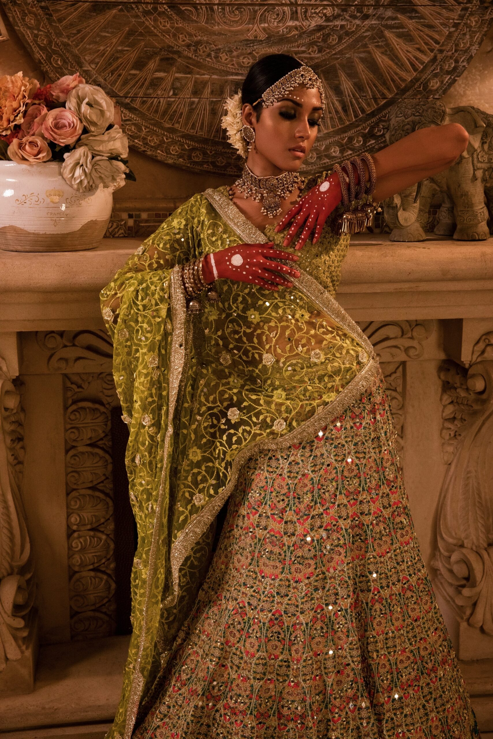 Golden and Lime Green Embroidered Silk-Blend Bridal Lehenga (3-Piece) - Image 2