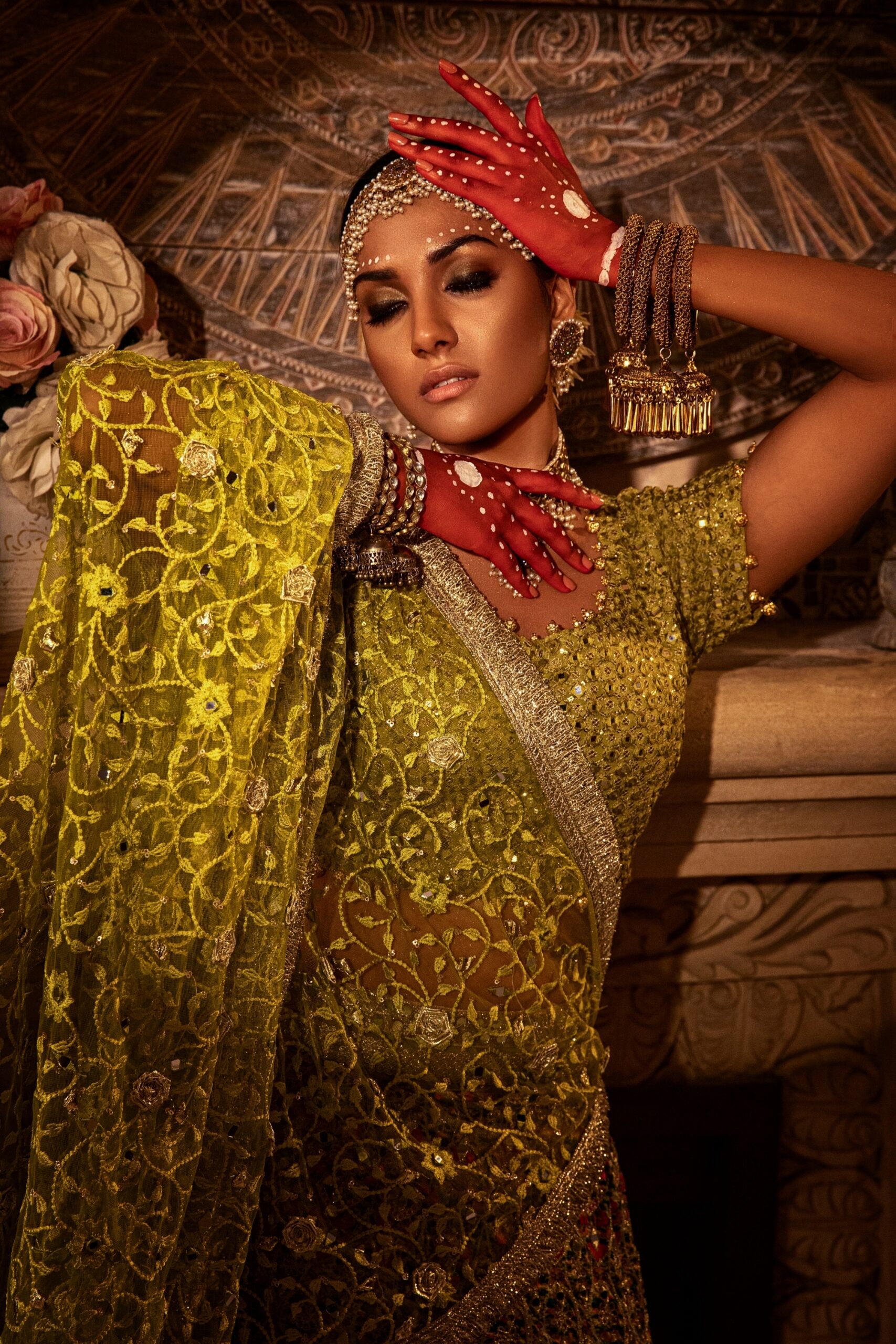 Golden and Lime Green Embroidered Silk-Blend Bridal Lehenga (3-Piece) - Image 3