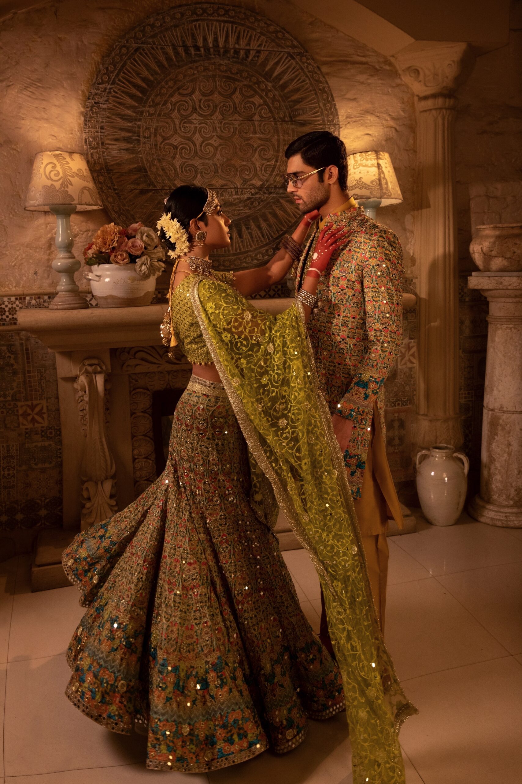 Golden and Lime Green Embroidered Silk-Blend Bridal Lehenga (3-Piece) - Image 4