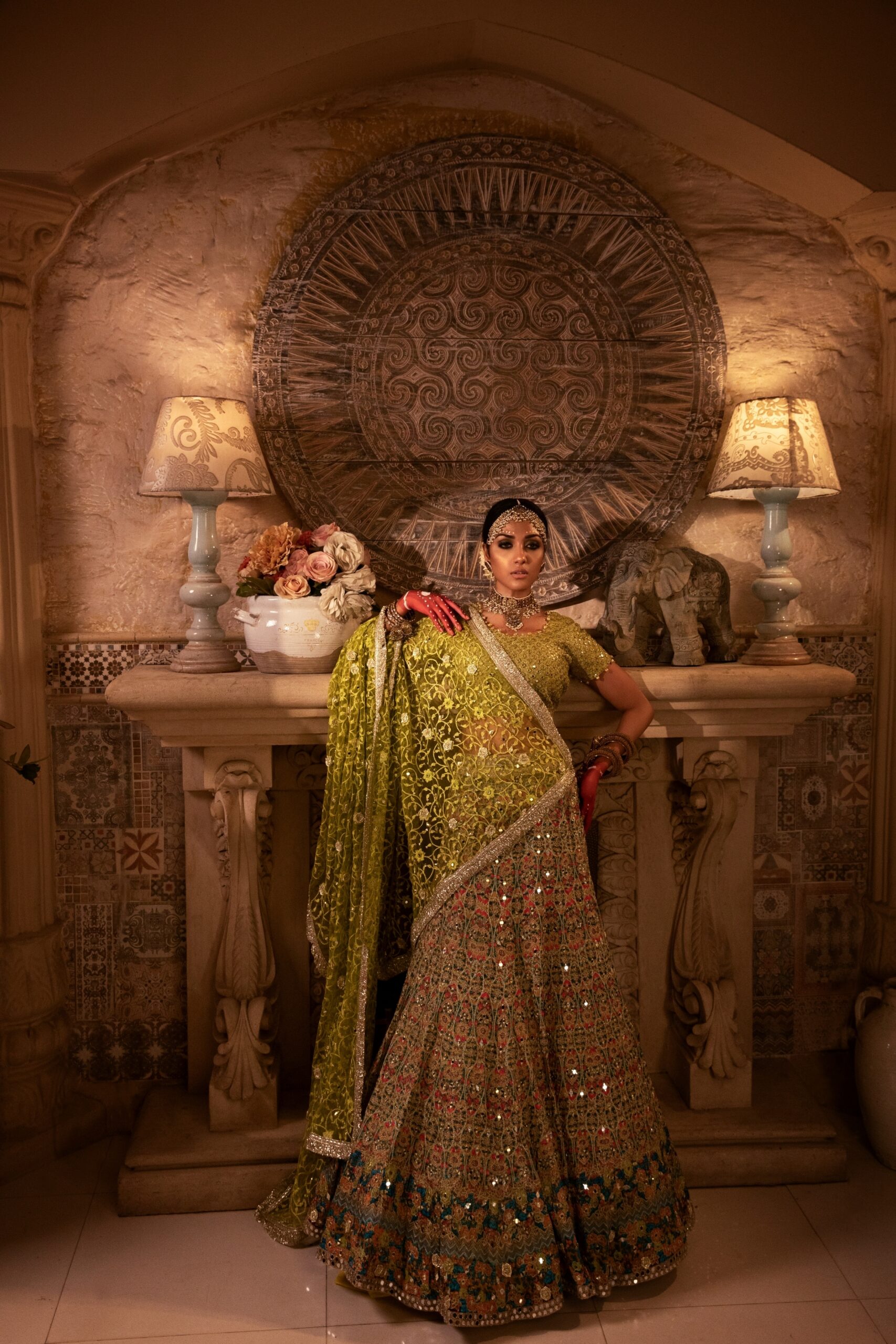 Golden and Lime Green Embroidered Silk-Blend Bridal Lehenga (3-Piece) - Image 5