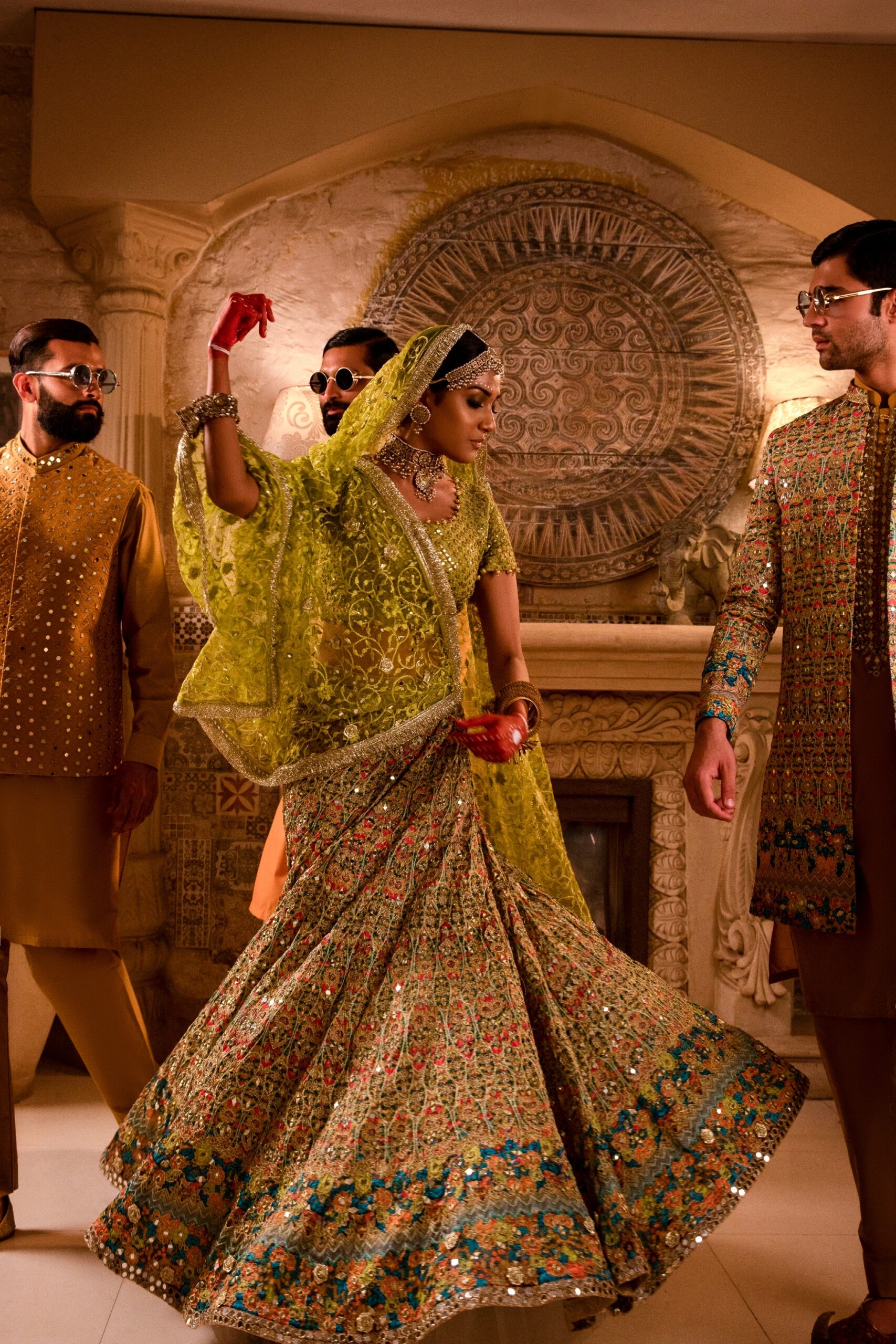 Golden and Lime Green Embroidered Silk-Blend Bridal Lehenga (3-Piece) - Image 6